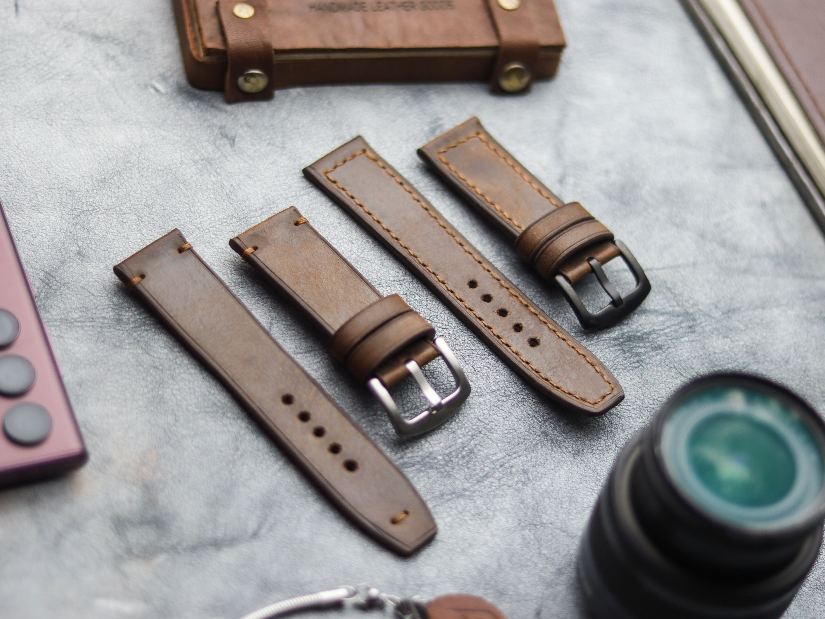 WOOD BROWN HAND-CRAFTED WATCH STRAPS - BOX STITCHED