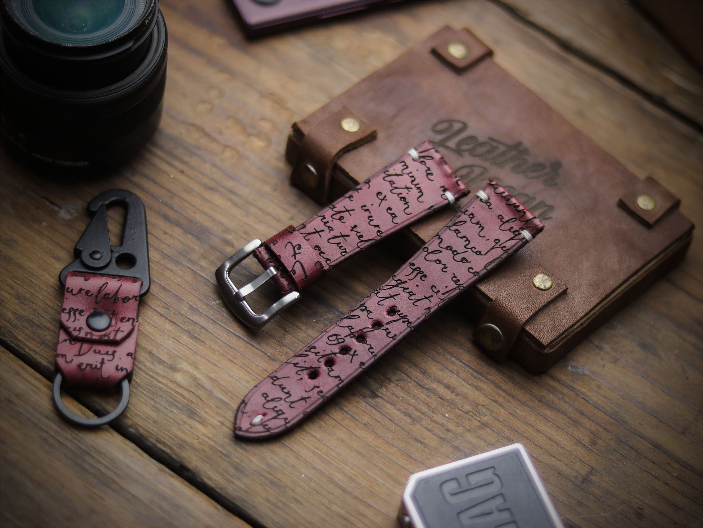 E3 ENGRAVED HAND-CRAFTED QUICK PINS STRAPS - CARMINE BURGUNDY