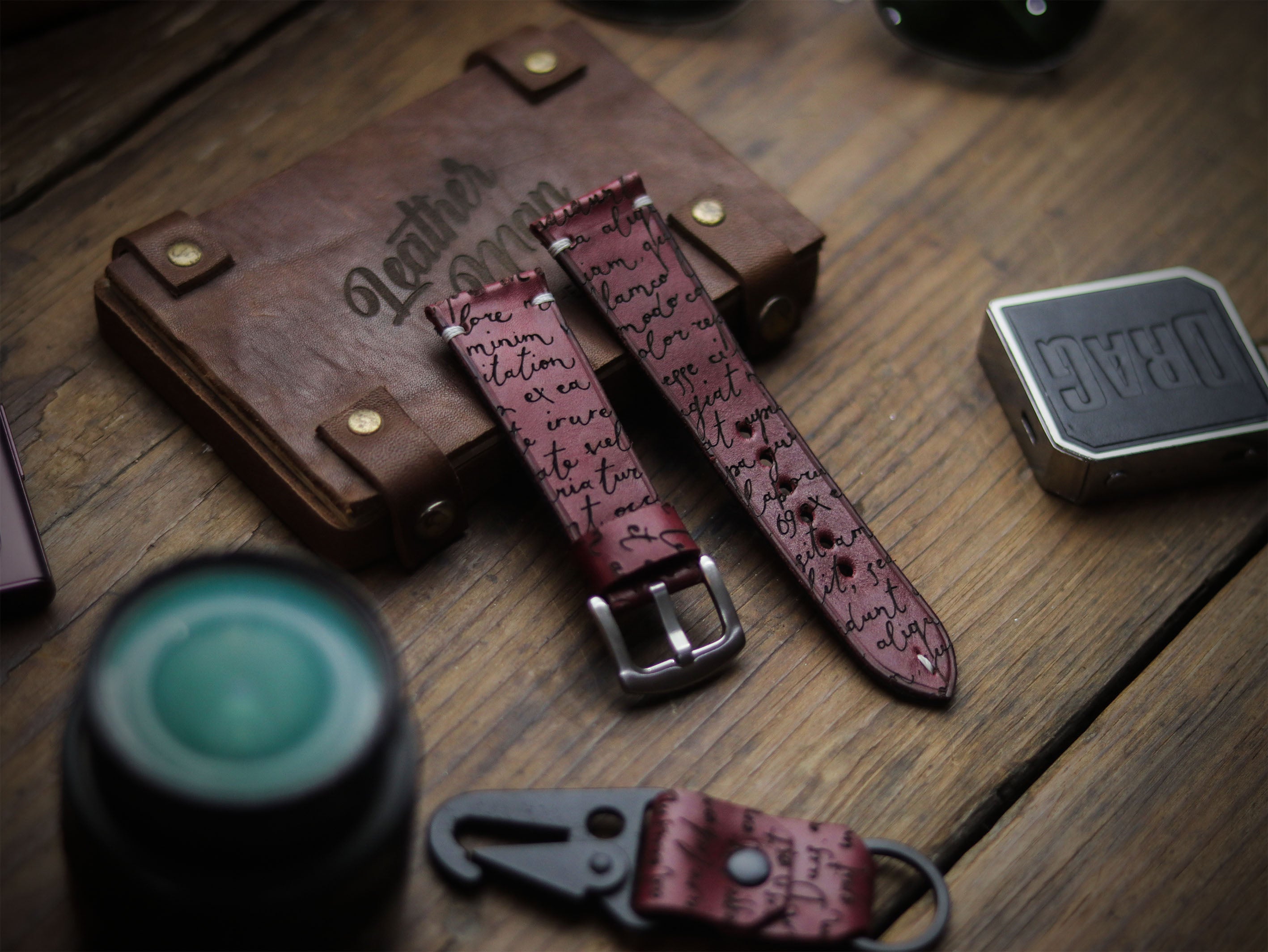 E3 ENGRAVED HAND-CRAFTED QUICK PINS STRAPS - CARMINE BURGUNDY