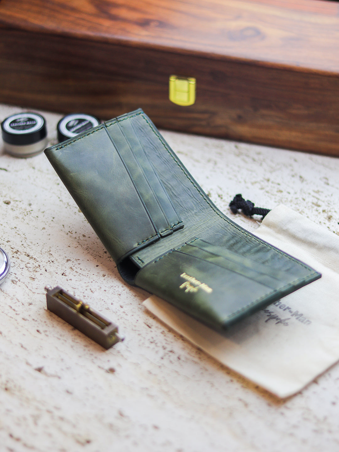 ATTICUS - Basil Green Veg Tan Waxed Pull Up Leather