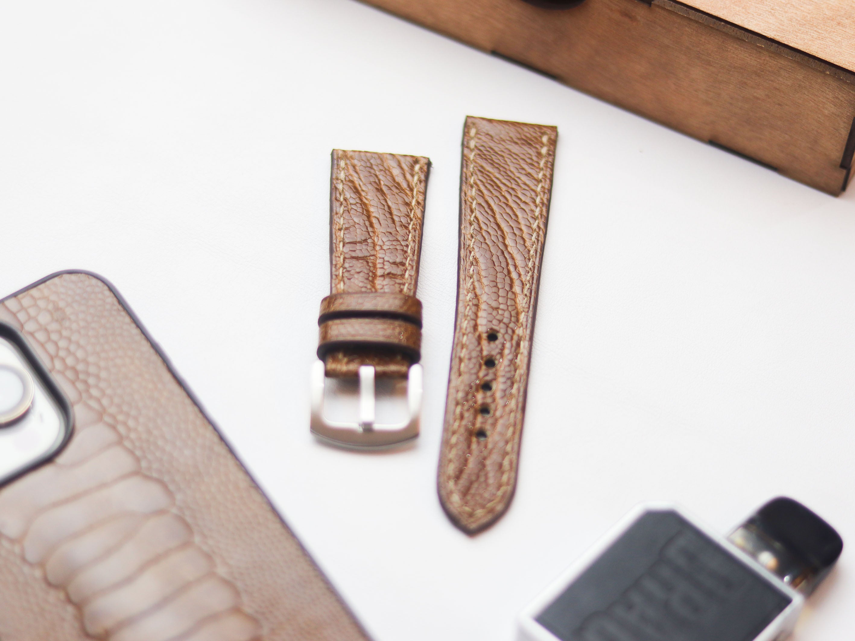 OSTRICH LEG SKIN WATCH STRAPS - CINNAMON BROWN (KNEE SIDE)