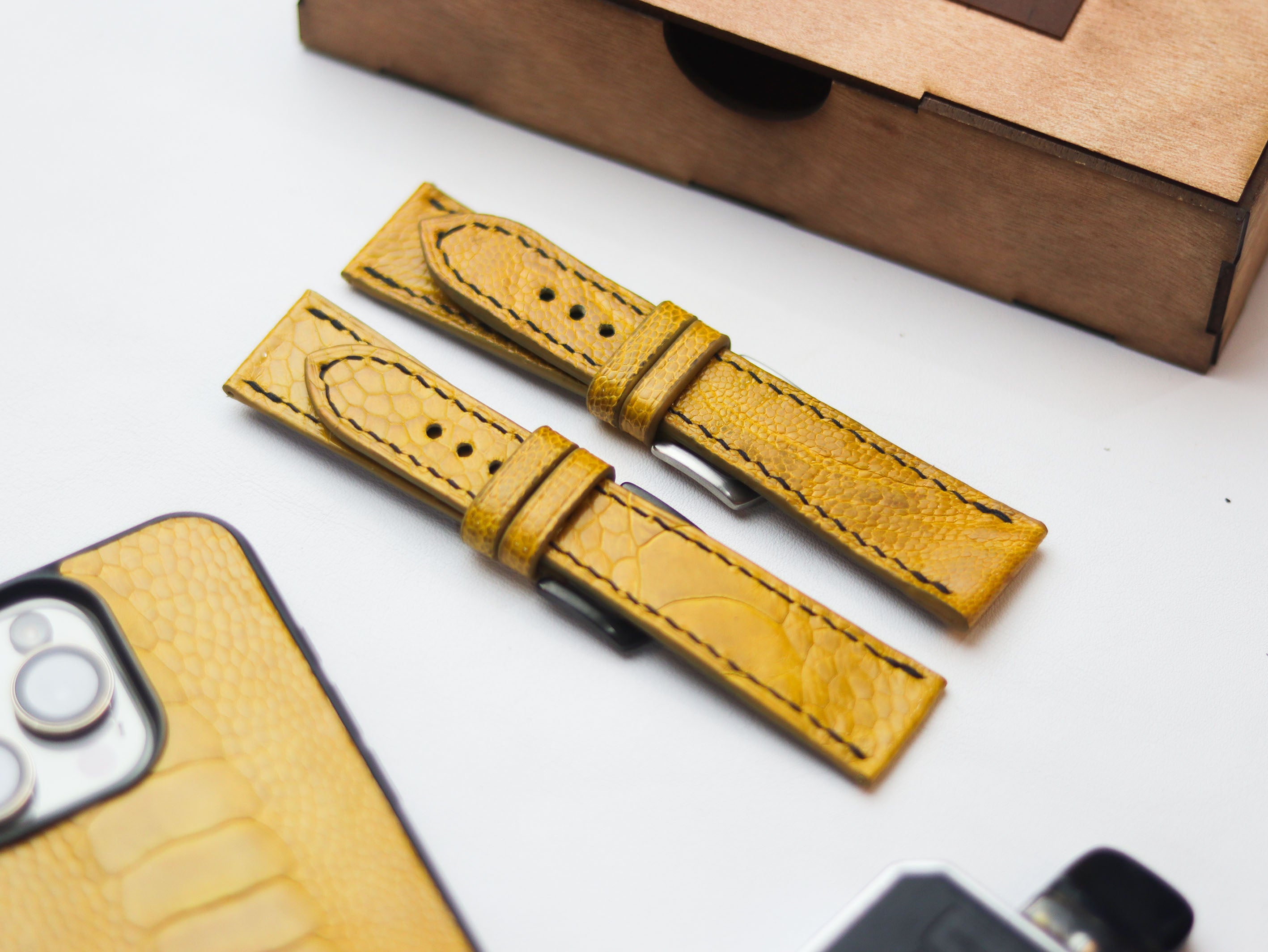 OSTRICH LEG SKIN WATCH STRAPS - CANARY YELLOW (KNEE SIDE)