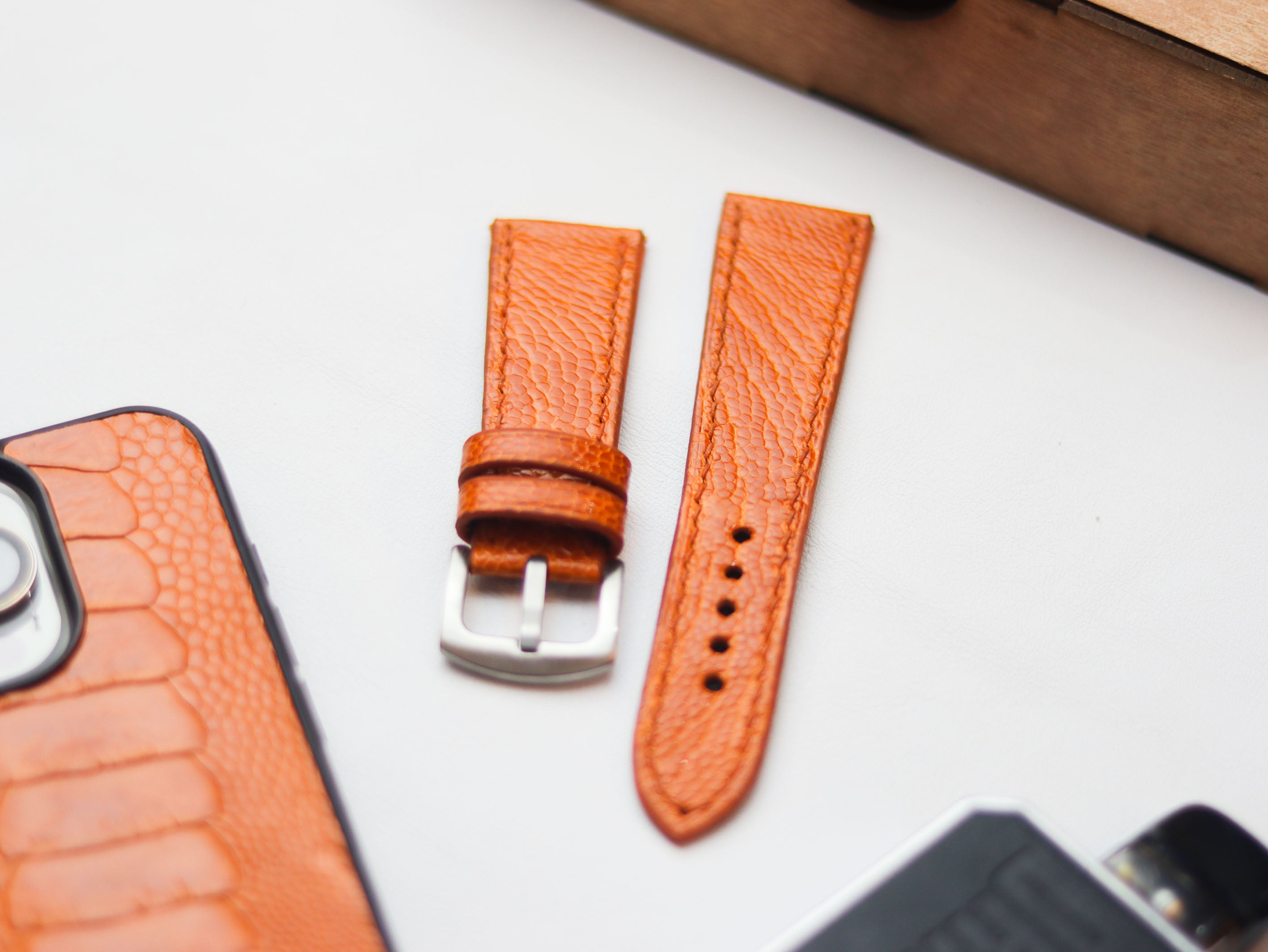 OSTRICH LEG SKIN WATCH STRAPS - TANGERINE ORANGE (KNEE SIDE)