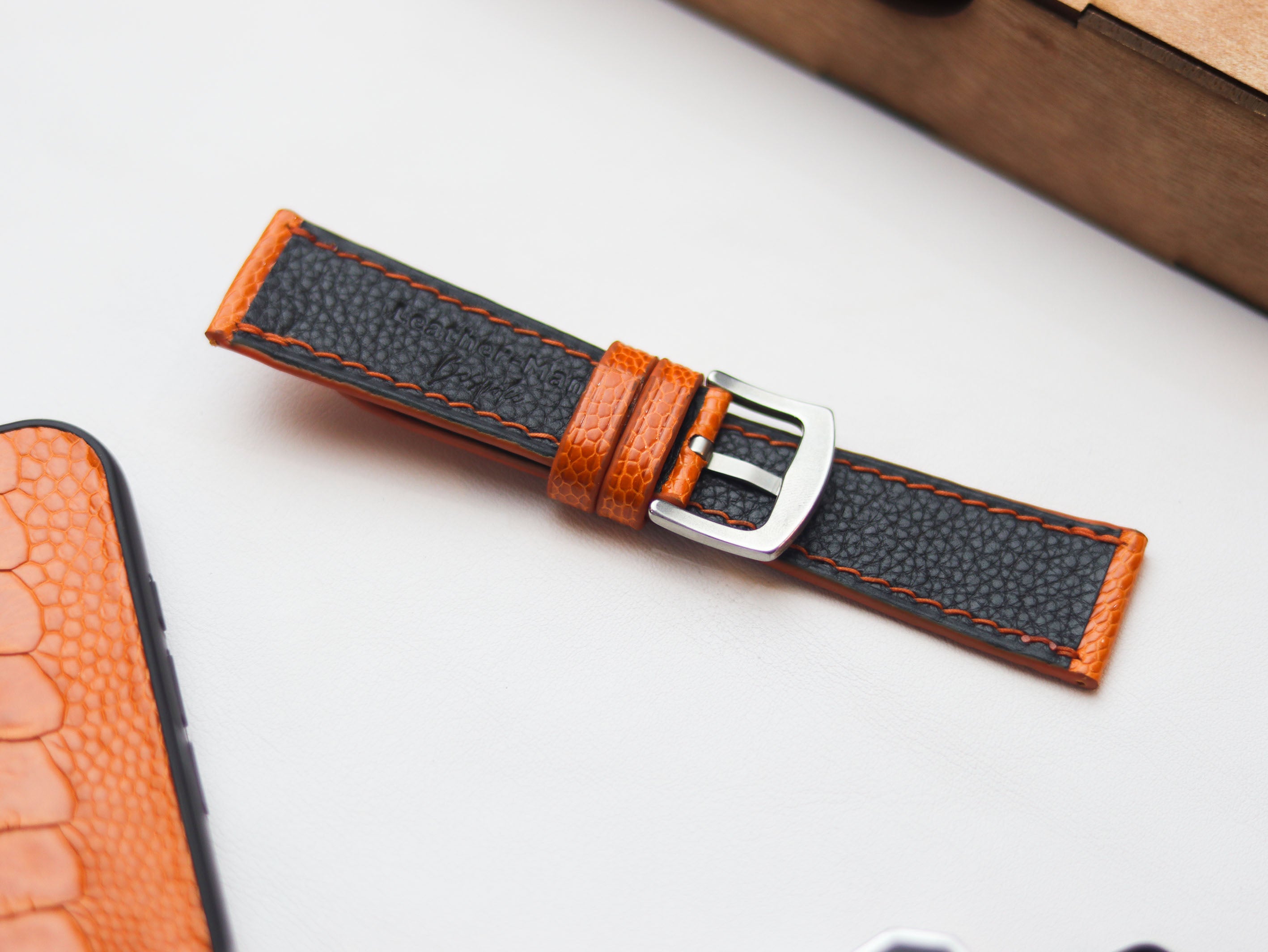 OSTRICH LEG SKIN WATCH STRAPS - TANGERINE ORANGE (KNEE SIDE)