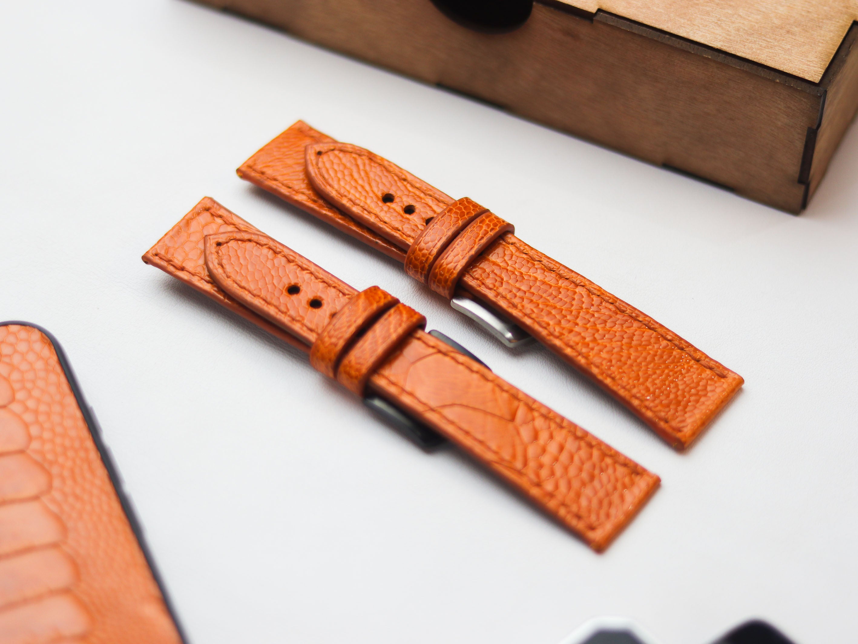 OSTRICH LEG SKIN WATCH STRAPS - TANGERINE ORANGE (KNEE SIDE)