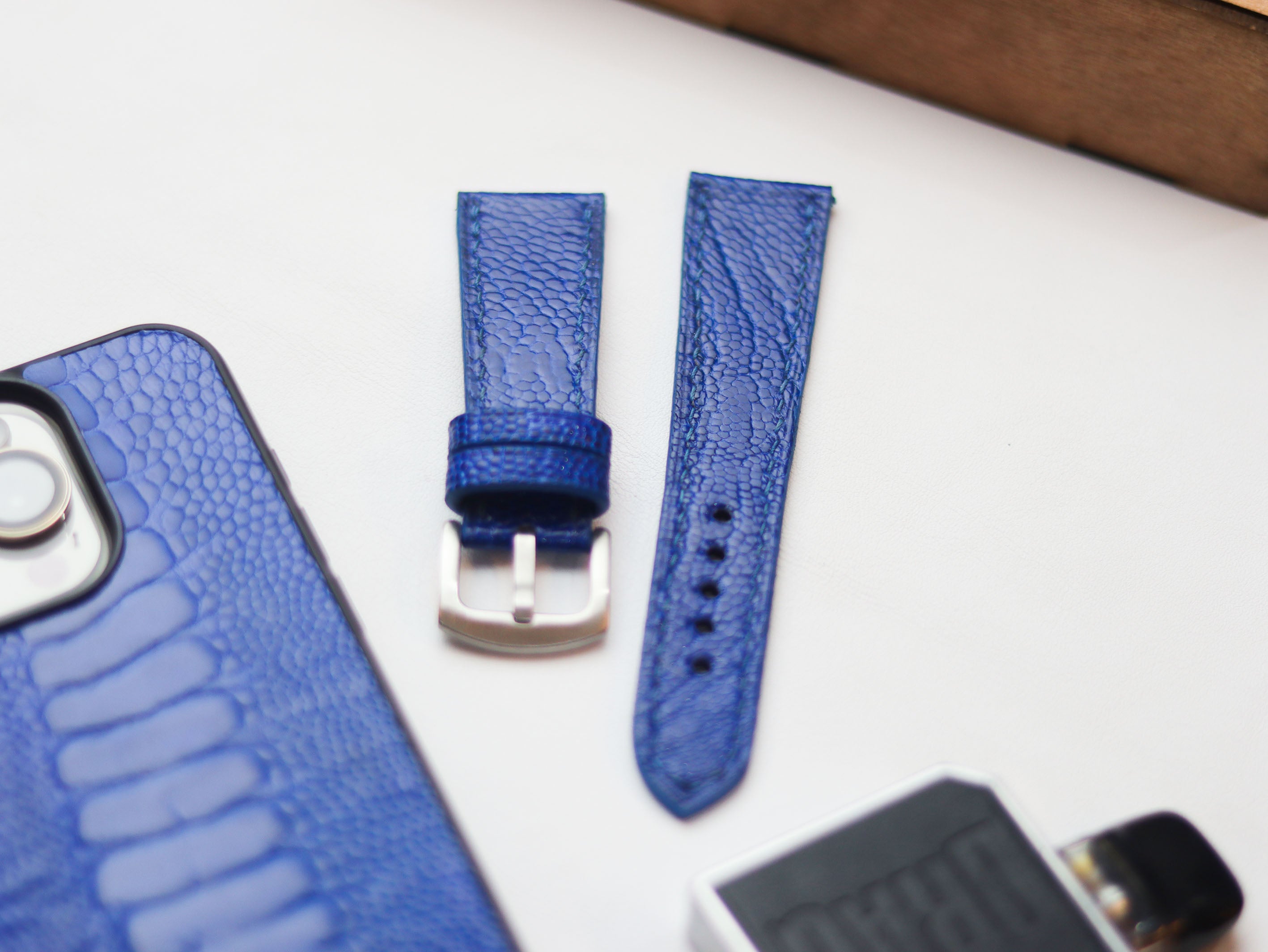 OSTRICH LEG SKIN WATCH STRAPS - COBALT BLUE (KNEE SIDE)