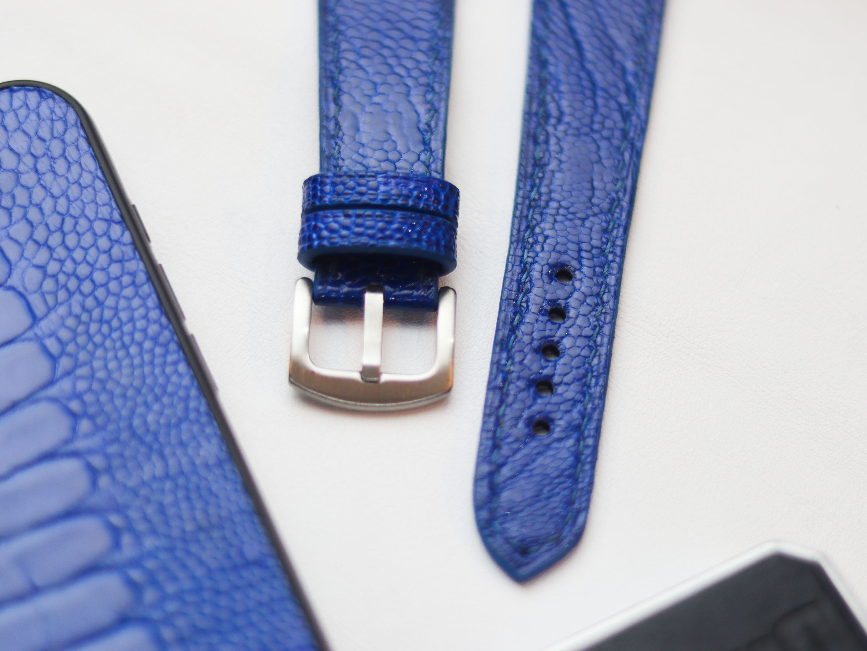 OSTRICH LEG SKIN WATCH STRAPS - COBALT BLUE (KNEE SIDE)