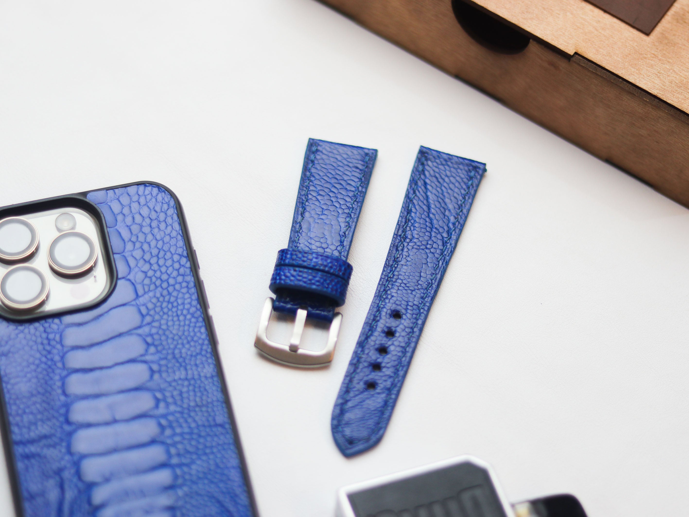 OSTRICH LEG SKIN WATCH STRAPS - COBALT BLUE (KNEE SIDE)