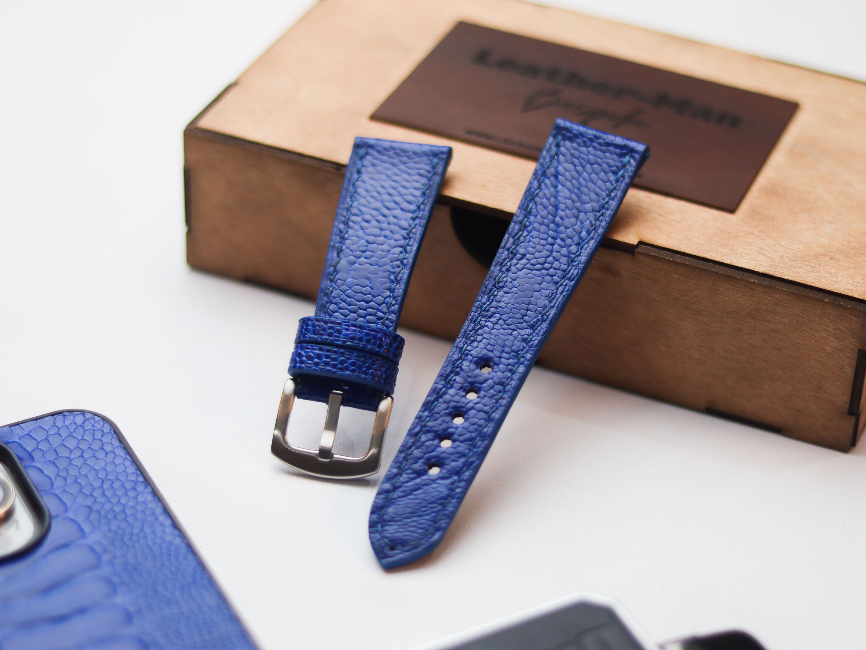 OSTRICH LEG SKIN WATCH STRAPS - COBALT BLUE (KNEE SIDE)