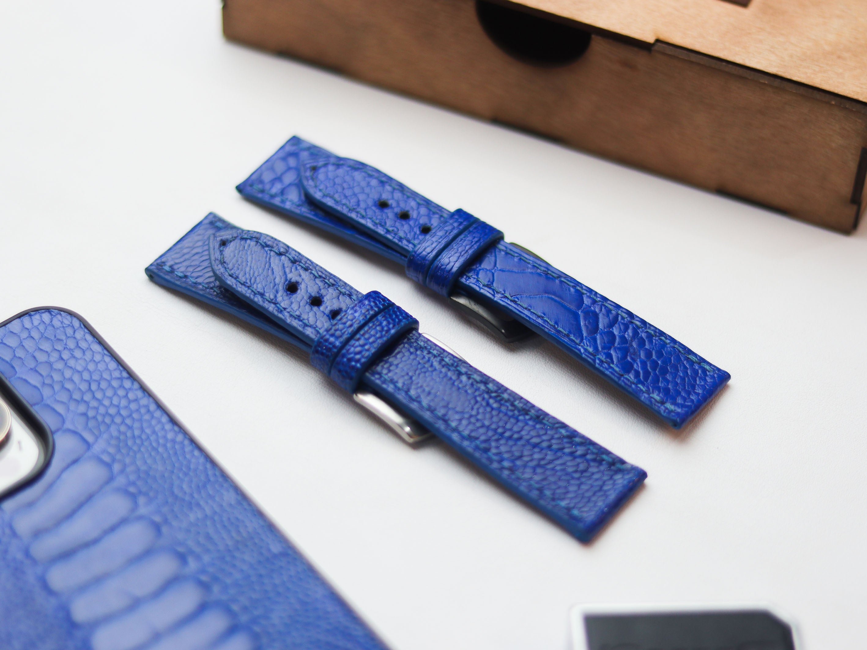 OSTRICH LEG SKIN WATCH STRAPS - COBALT BLUE (KNEE SIDE)