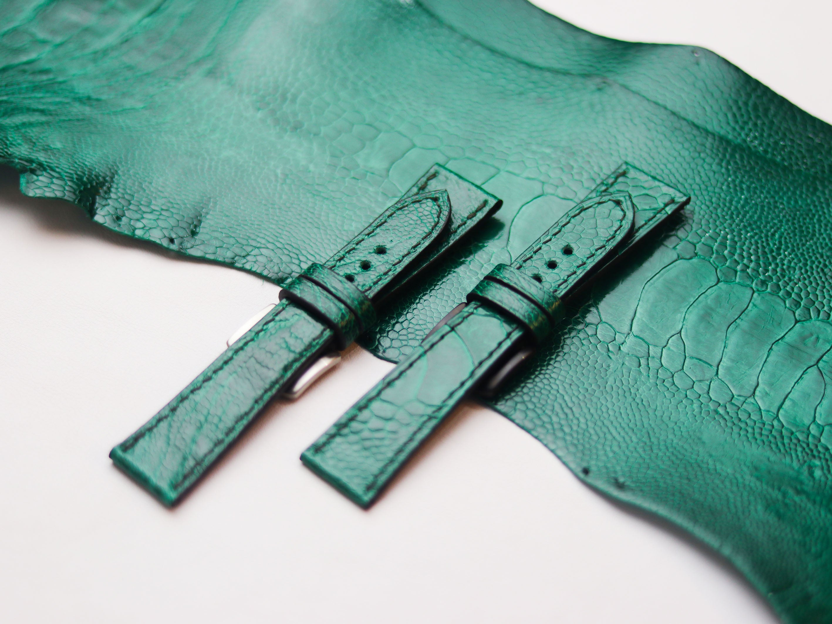 OSTRICH LEG SKIN WATCH STRAPS - EMERALD GREEN (KNEE SIDE)