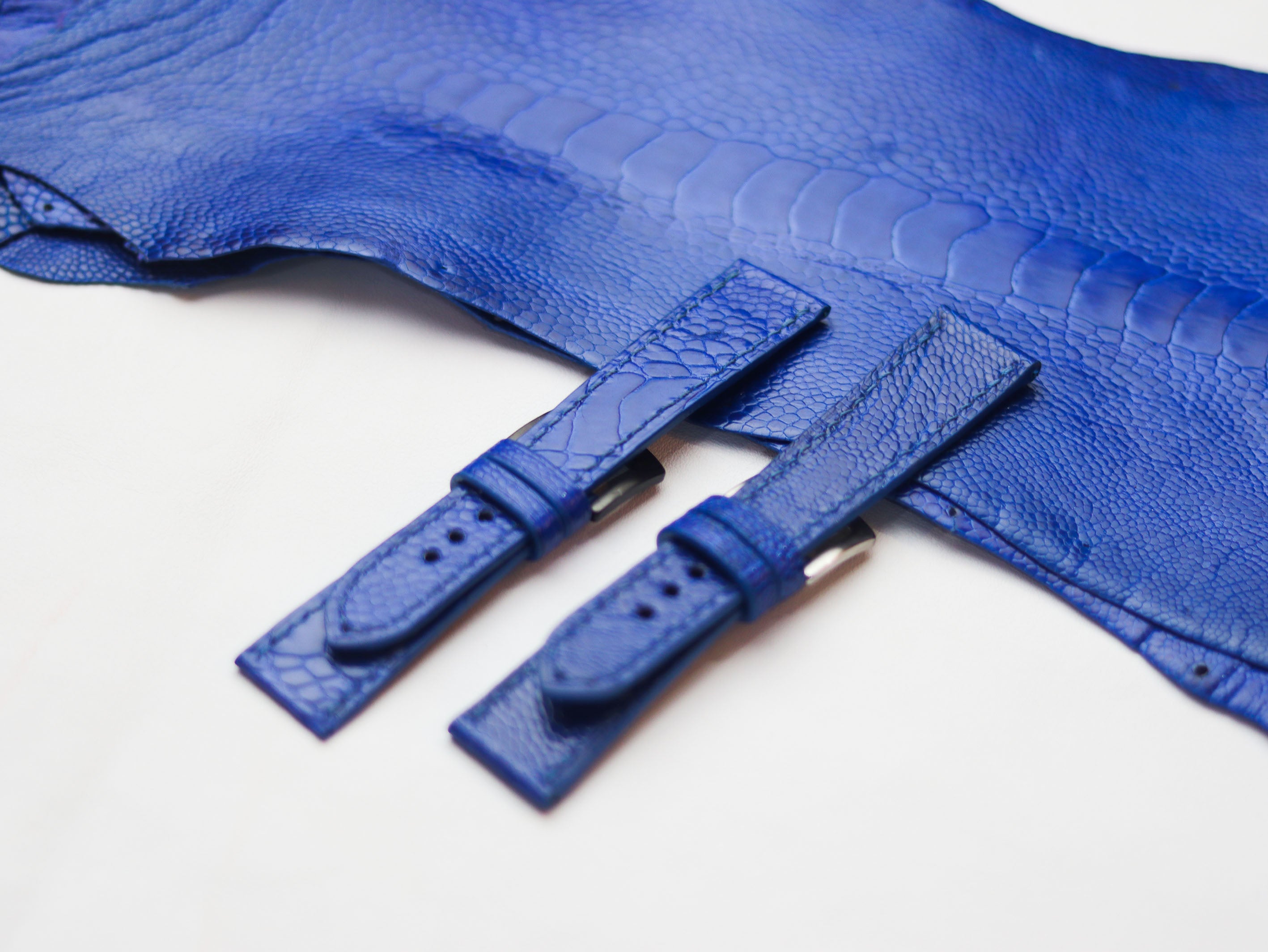 OSTRICH LEG SKIN WATCH STRAPS - COBALT BLUE (KNEE SIDE)