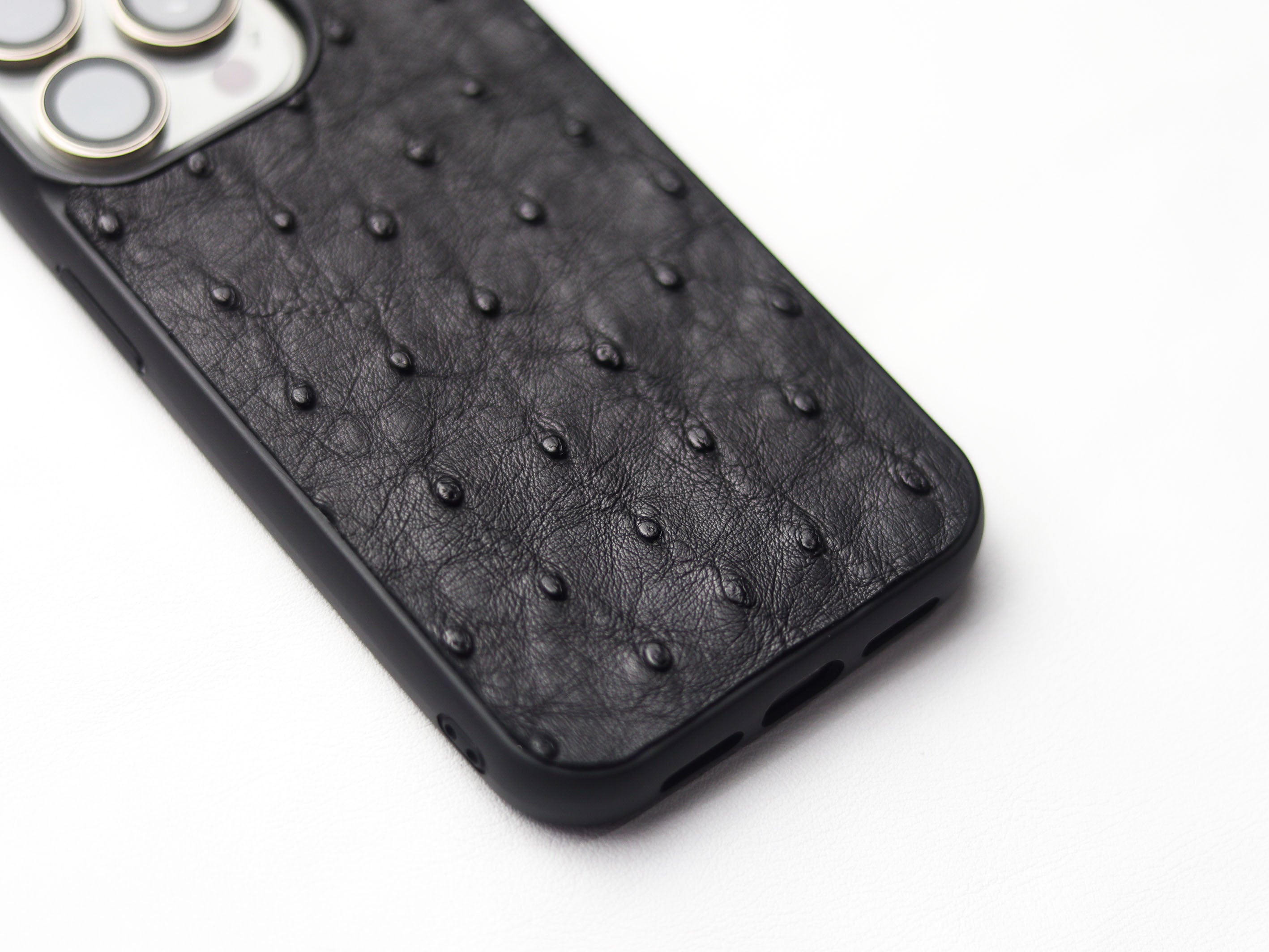 RAVEN BLACK OSTRICH SKIN PHONE CASE (FOLLICLE)