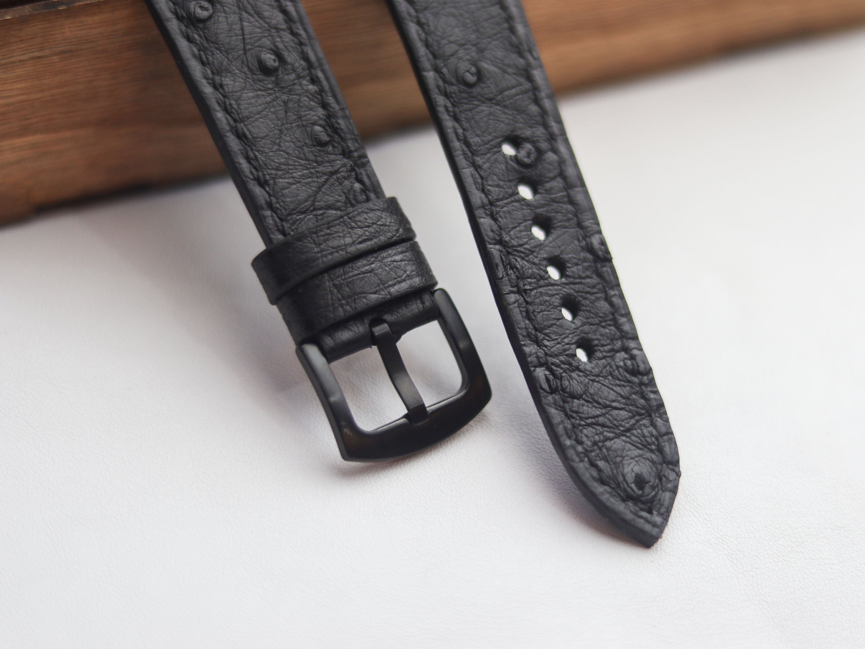 OSTRICH SKIN WATCH STRAPS - RAVEN BLACK (FOLLICLE)