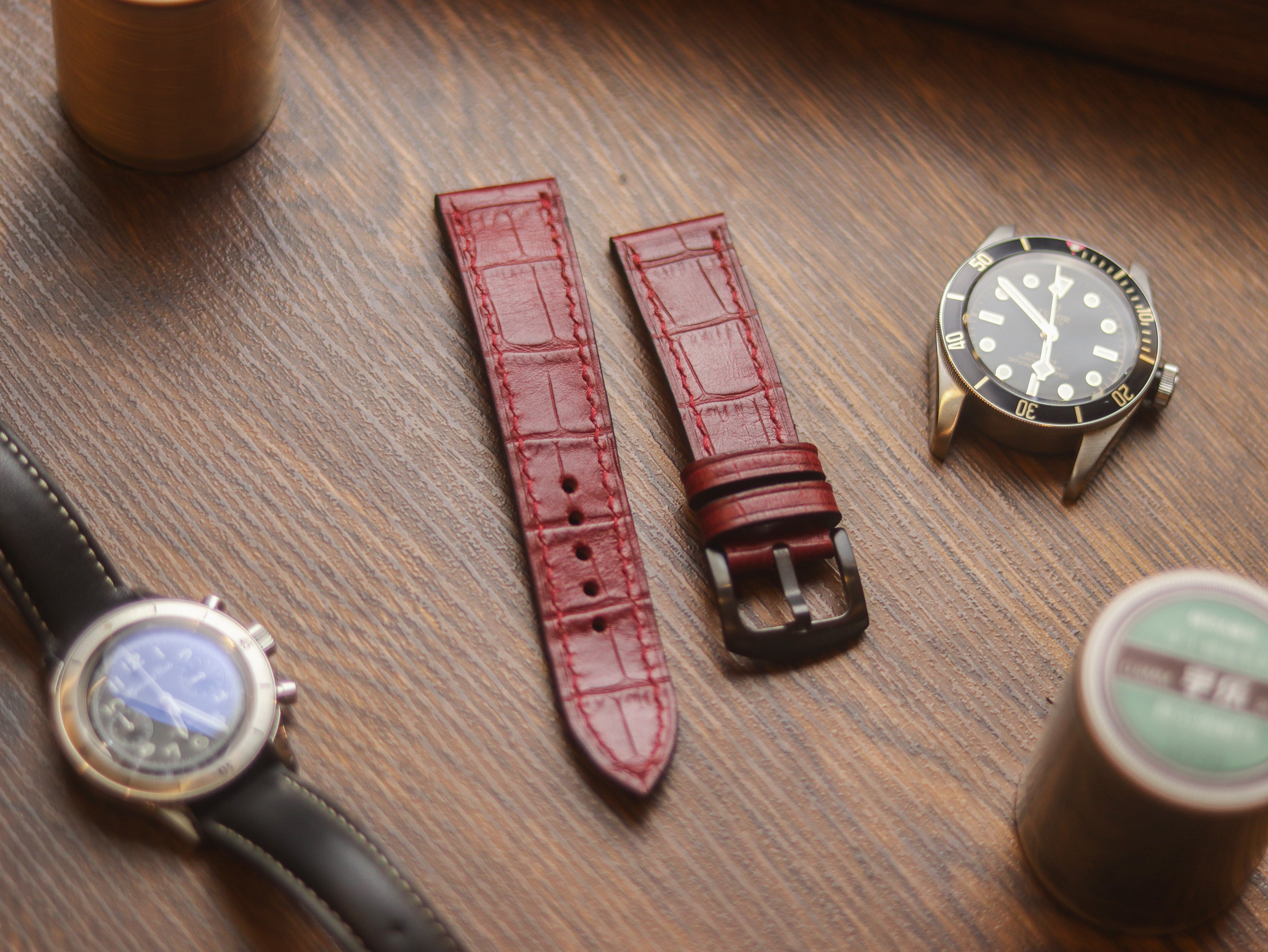 BURGUNDY CROCO HAND-CRAFTED WATCH STRAPS - FULL STITCHED