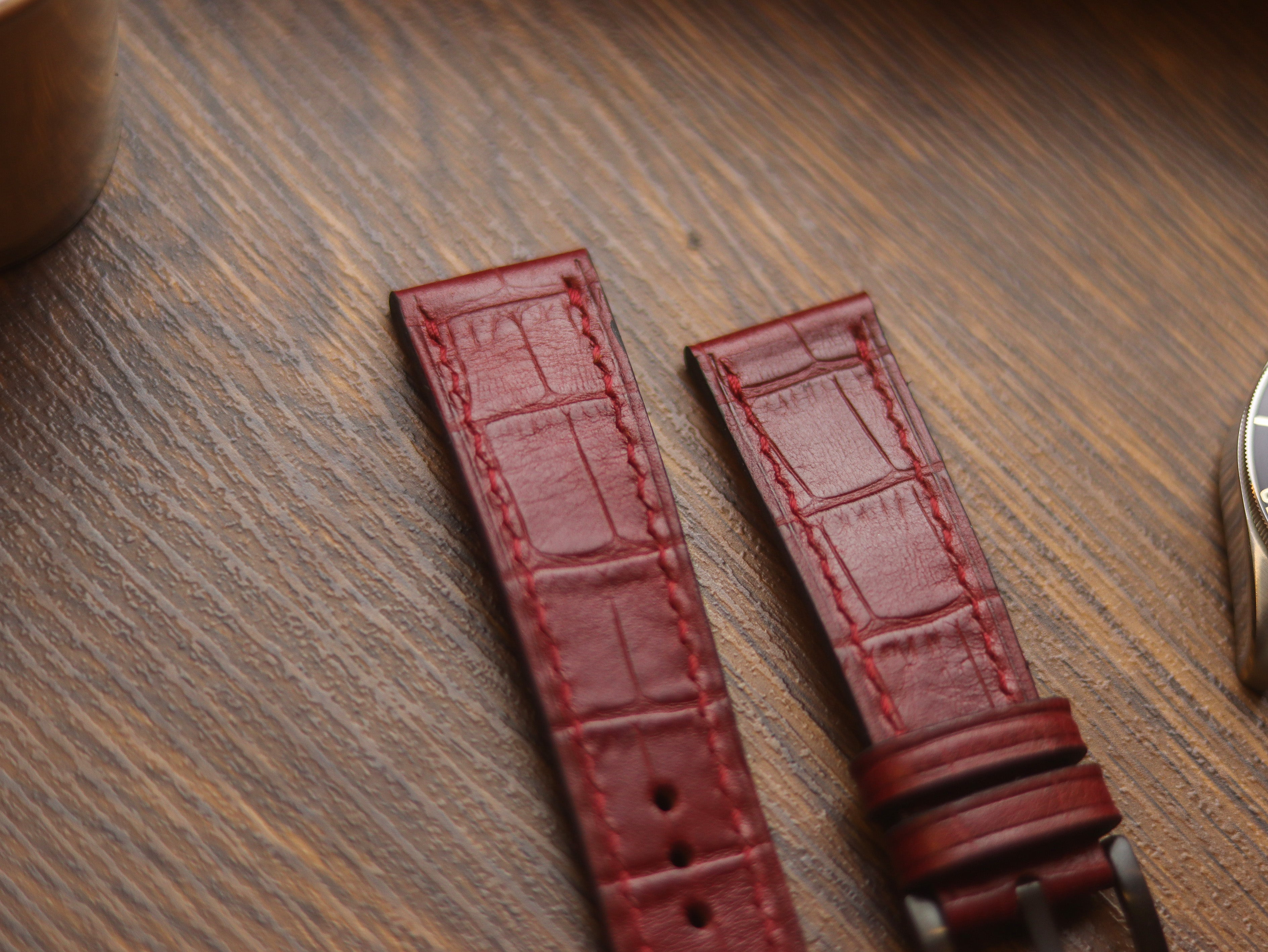 BURGUNDY CROCO HAND-CRAFTED WATCH STRAPS - FULL STITCHED