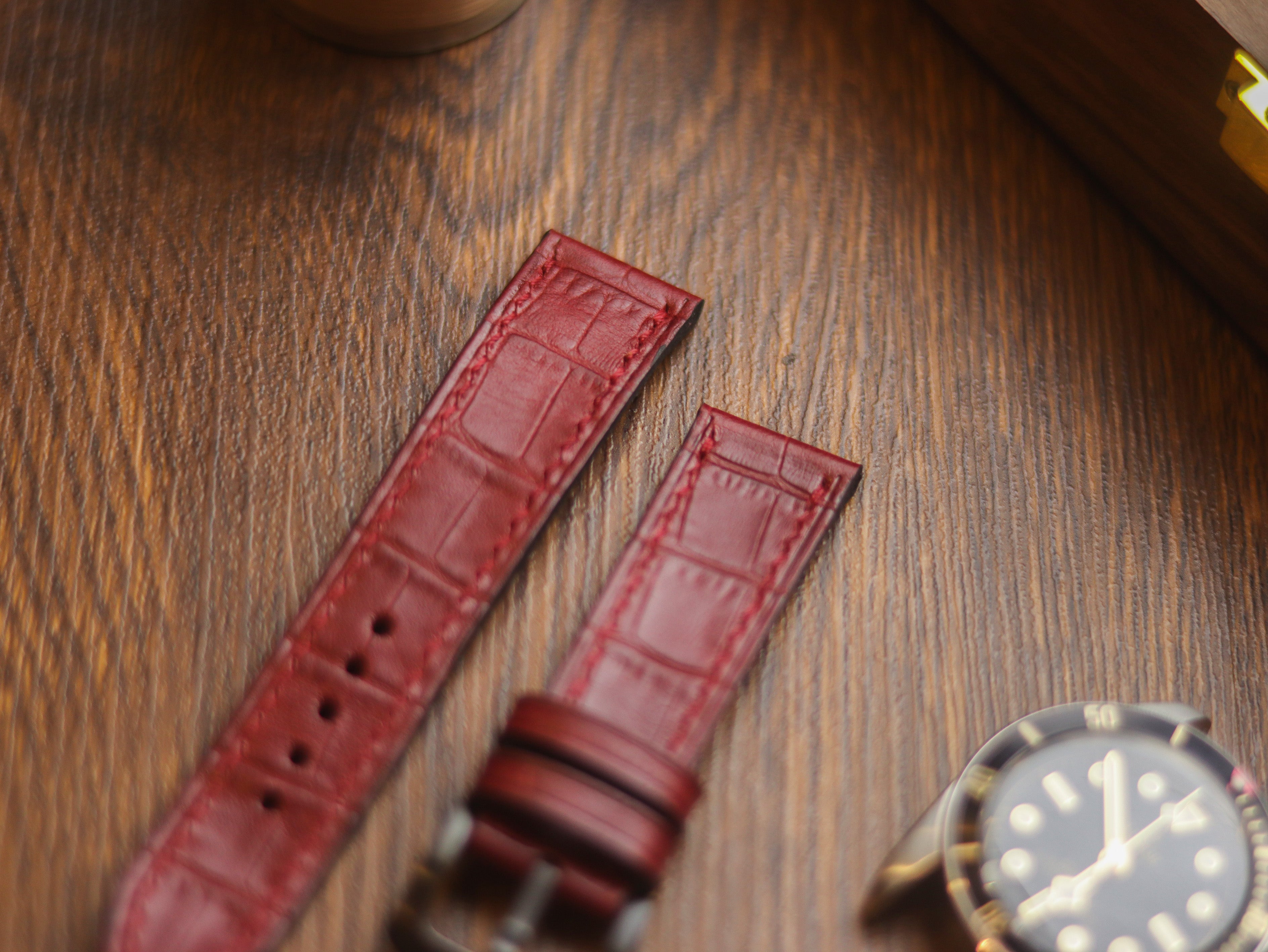 BURGUNDY CROCO HAND-CRAFTED WATCH STRAPS - FULL STITCHED