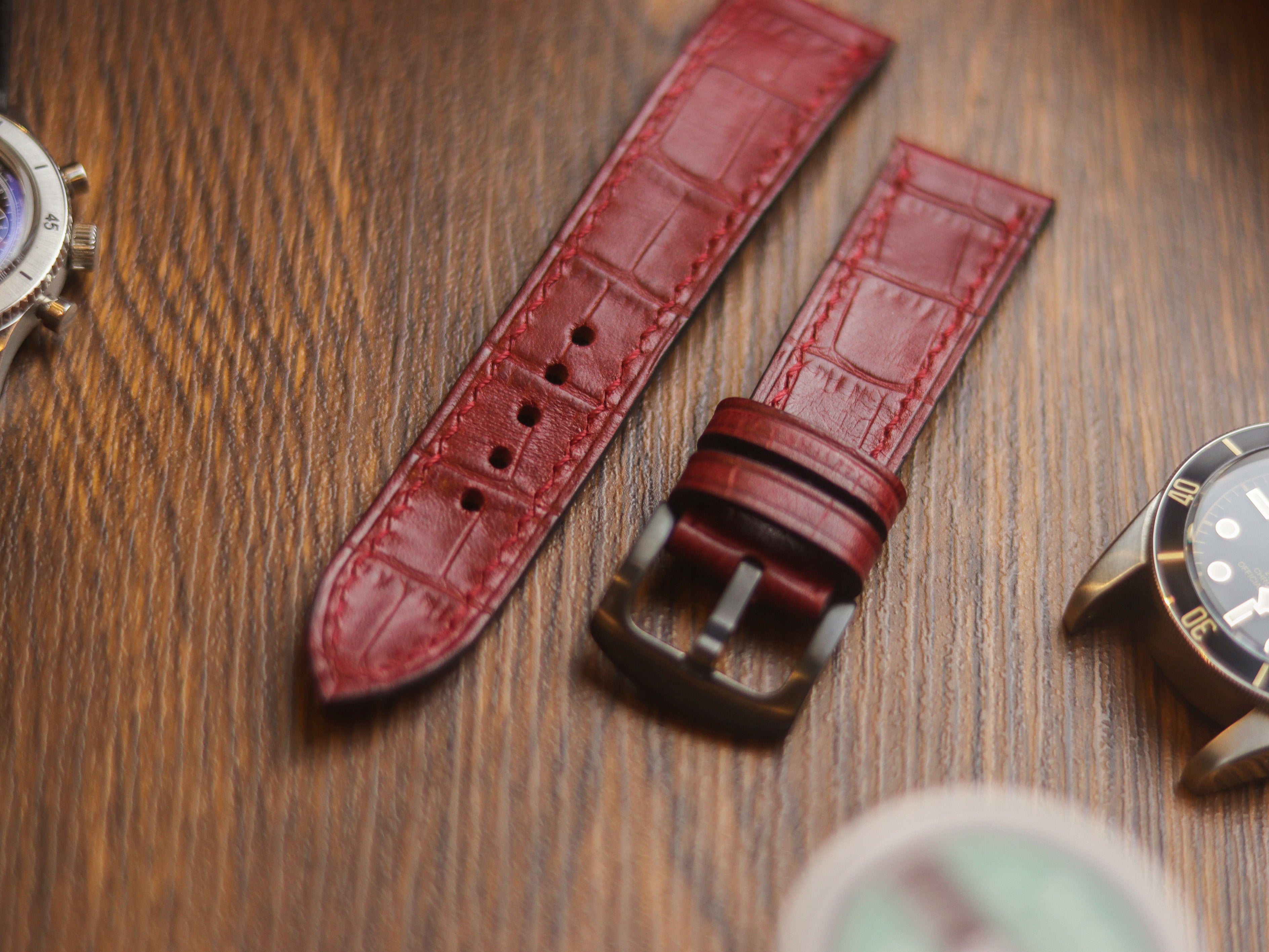 BURGUNDY CROCO HAND-CRAFTED WATCH STRAPS - FULL STITCHED