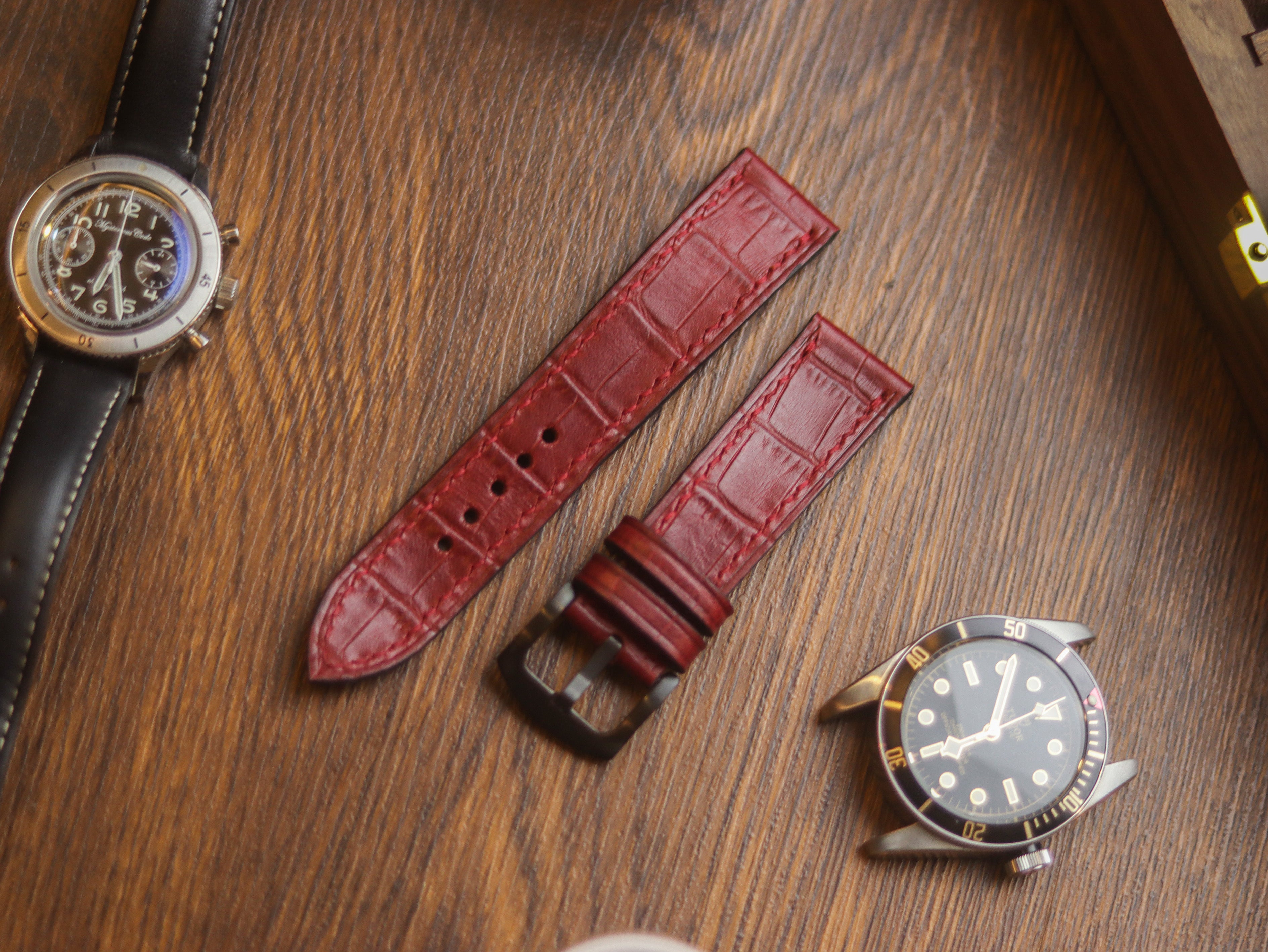BURGUNDY CROCO HAND-CRAFTED WATCH STRAPS - FULL STITCHED