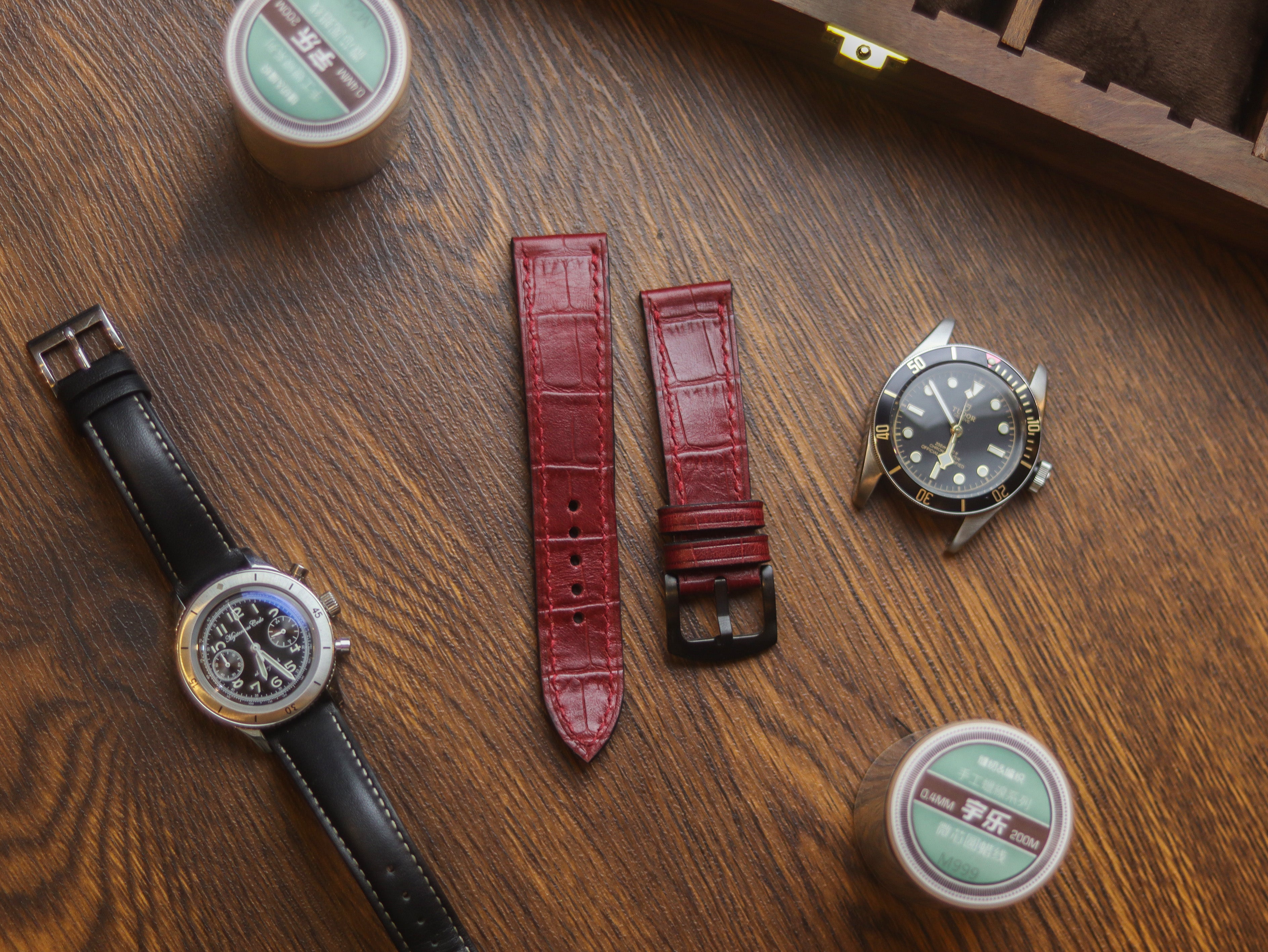 BURGUNDY CROCO HAND-CRAFTED WATCH STRAPS - FULL STITCHED