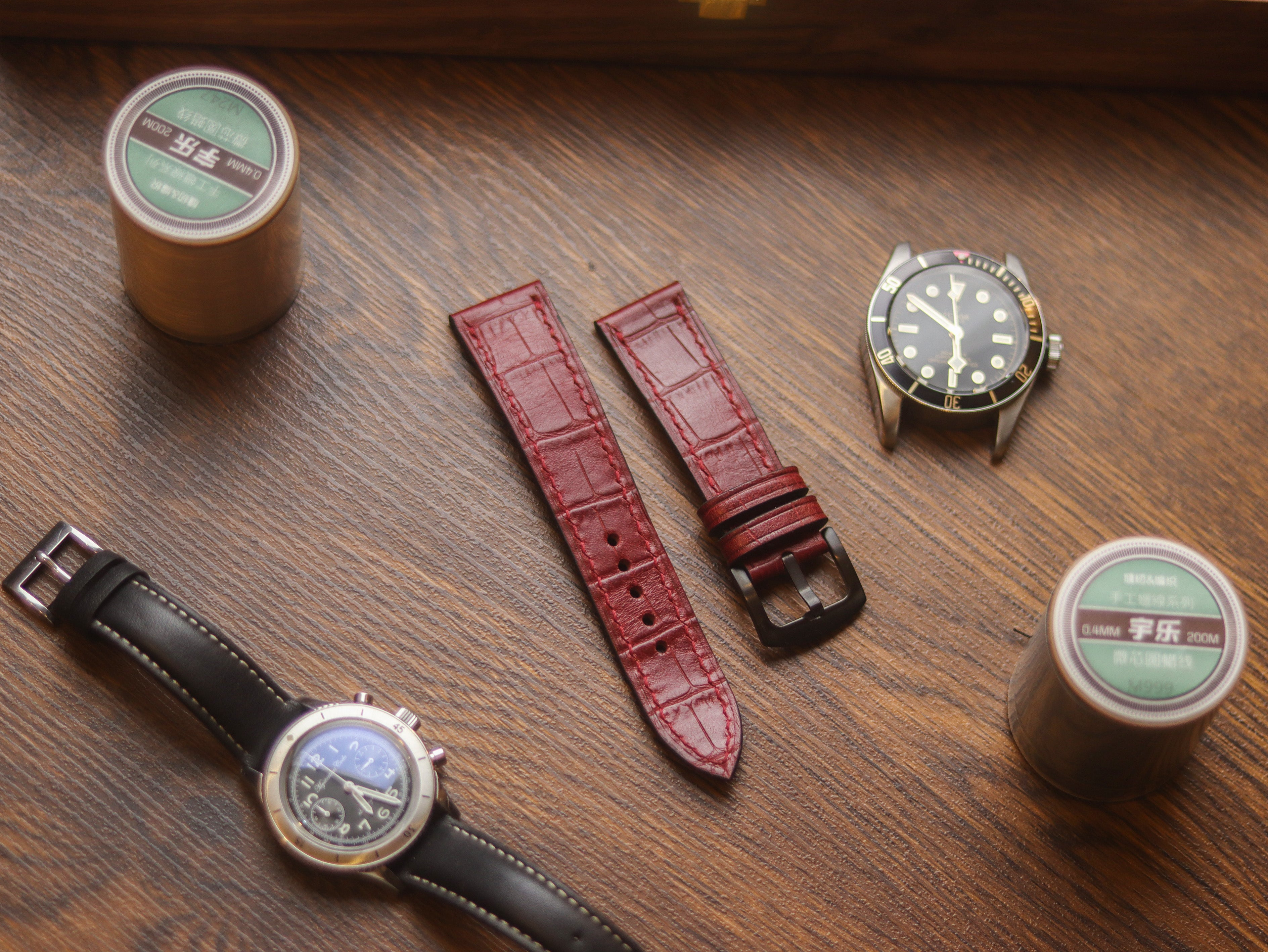 BURGUNDY CROCO HAND-CRAFTED WATCH STRAPS - FULL STITCHED