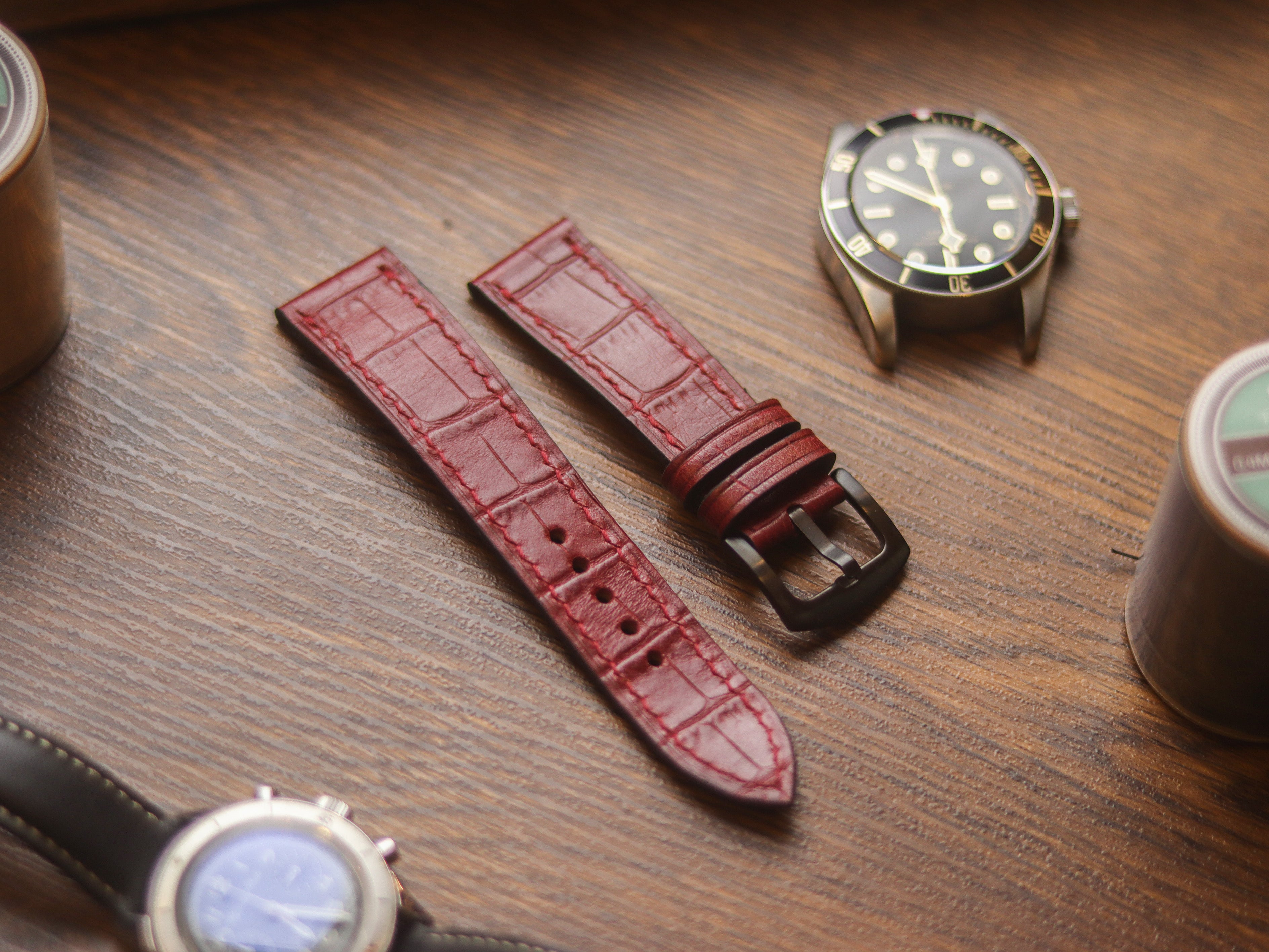 BURGUNDY CROCO HAND-CRAFTED WATCH STRAPS - FULL STITCHED