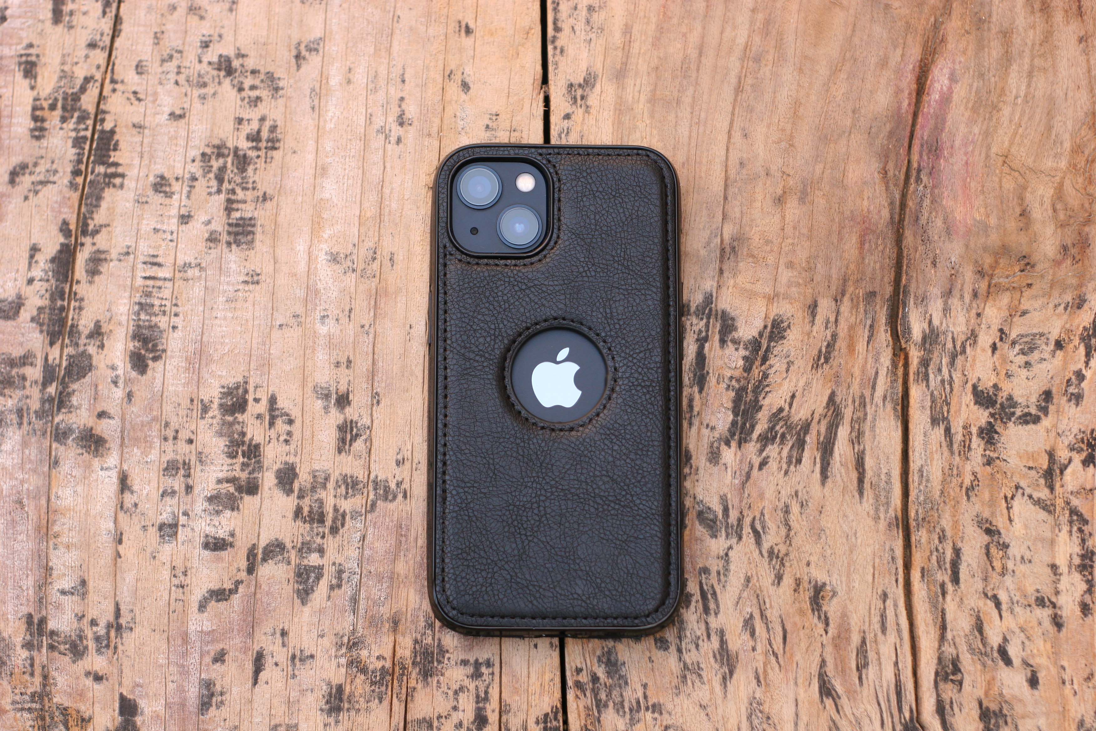 BLACK LEATHER PHONE CASE WITH APPLE LOGO