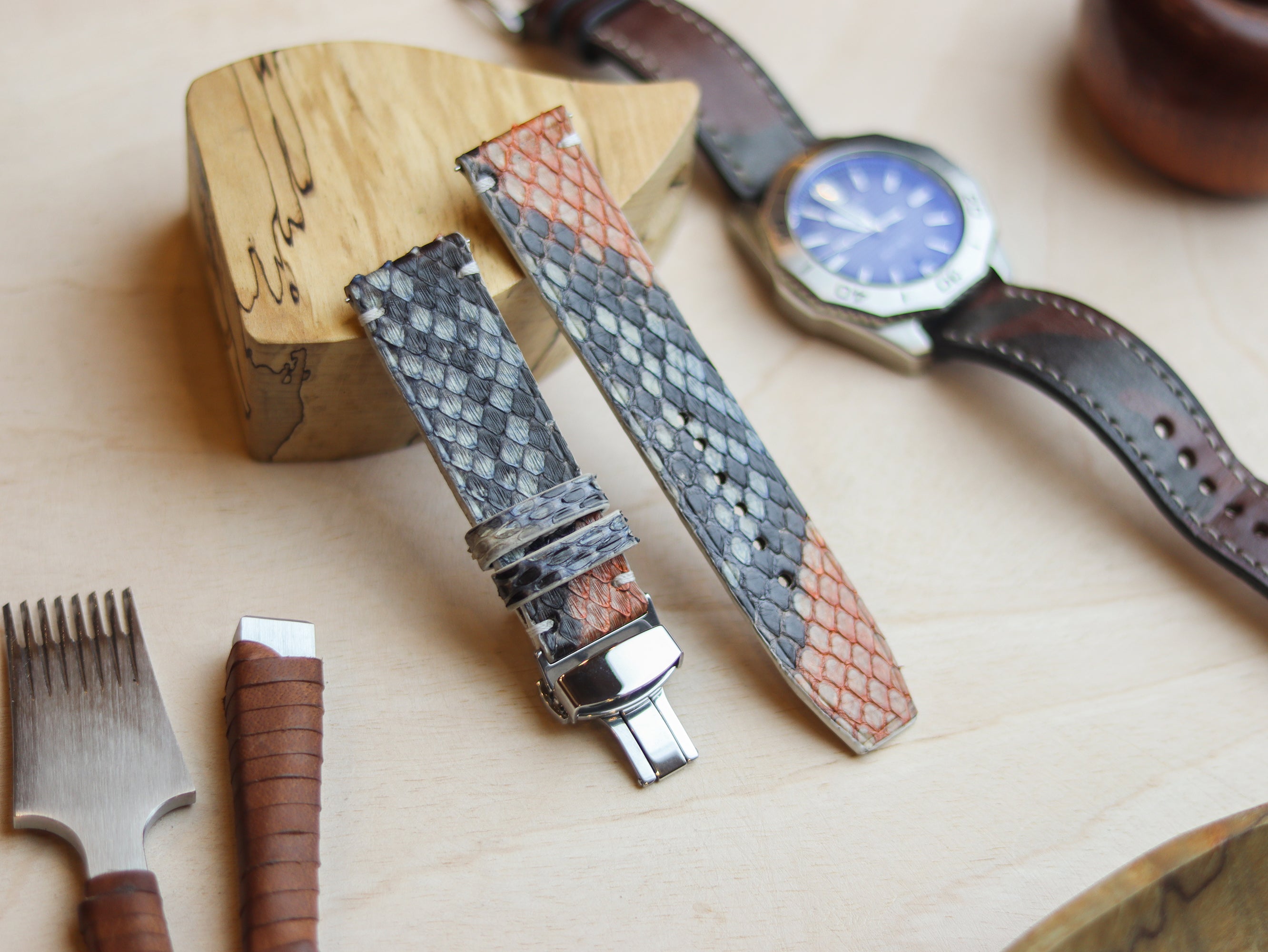 PYTHON SKIN WATCH STRAPS WITH BUTTERFLY CLASP - RAINBOW
