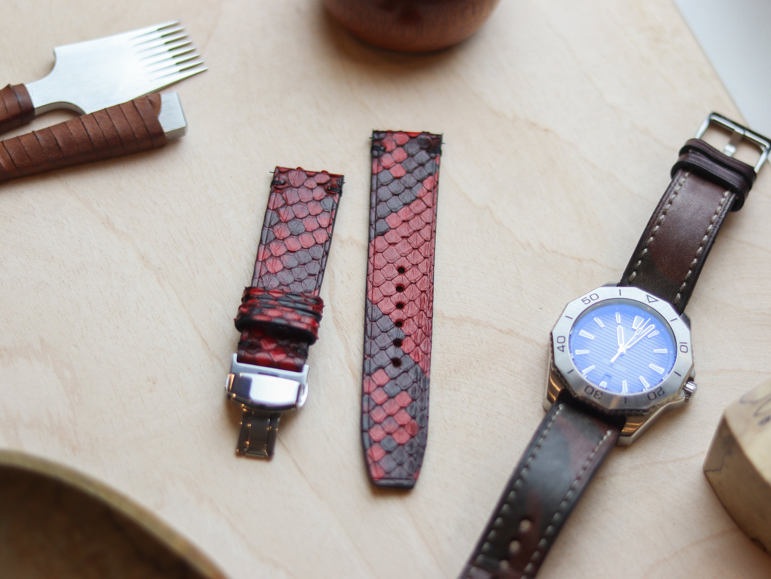 PYTHON SKIN WATCH STRAPS WITH BUTTERFLY CLASP - VENETIAN RED