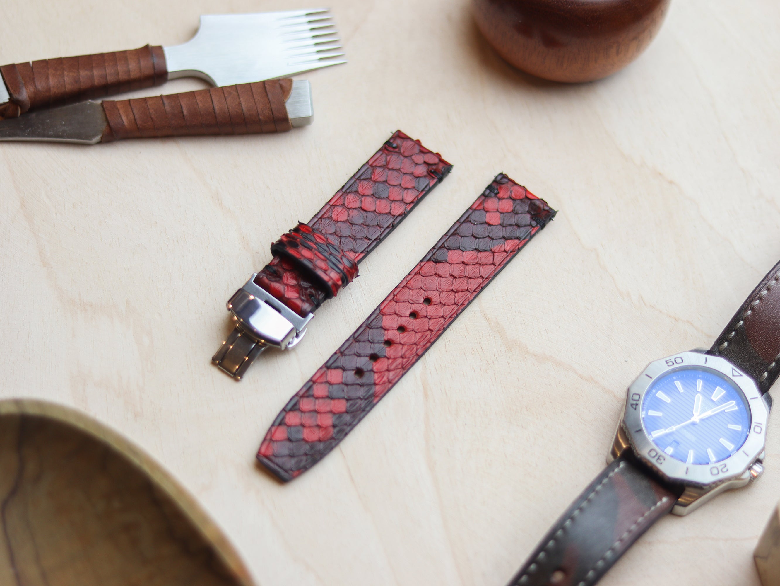 PYTHON SKIN WATCH STRAPS WITH BUTTERFLY CLASP - VENETIAN RED