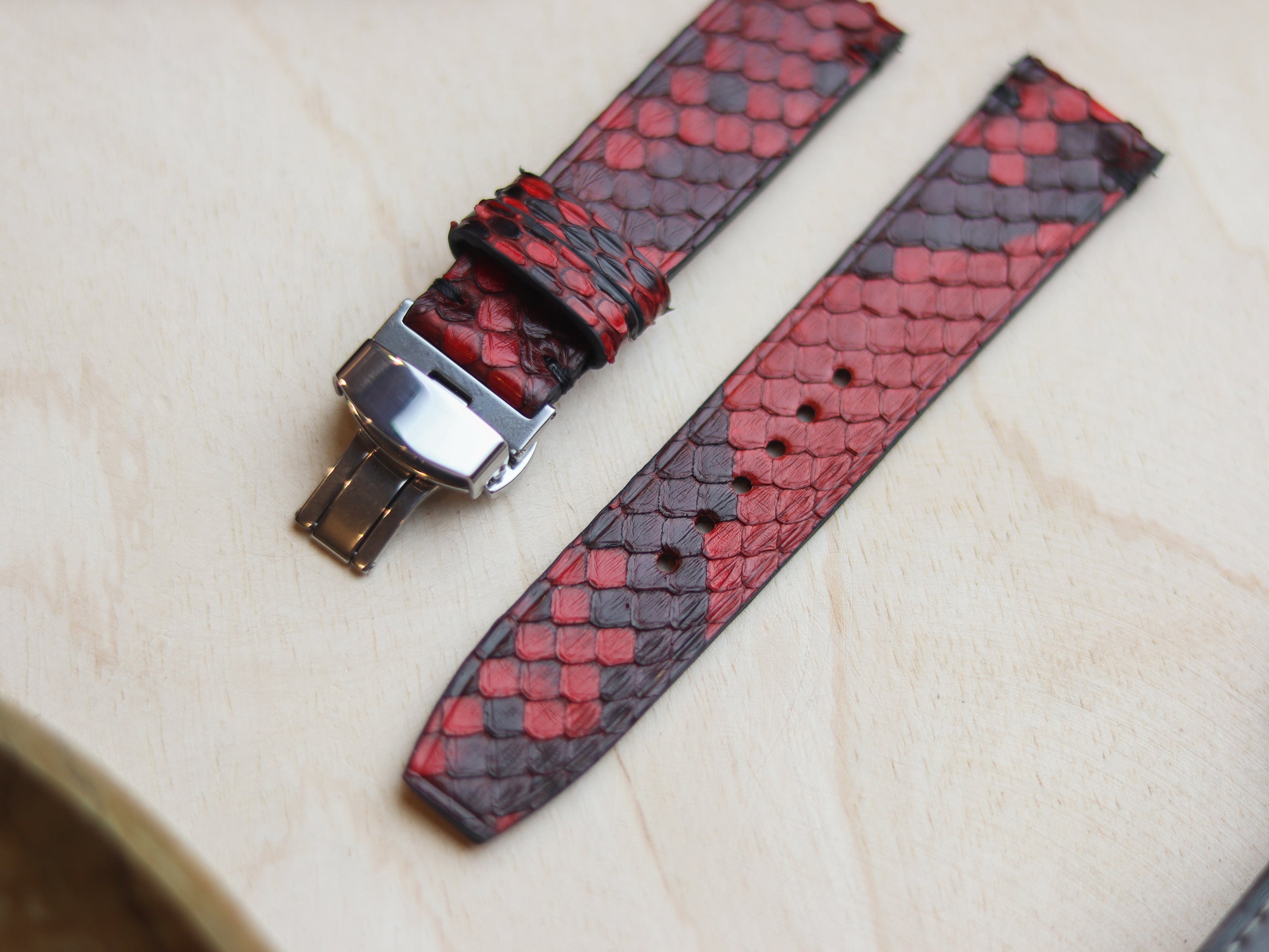 PYTHON SKIN WATCH STRAPS WITH BUTTERFLY CLASP - VENETIAN RED
