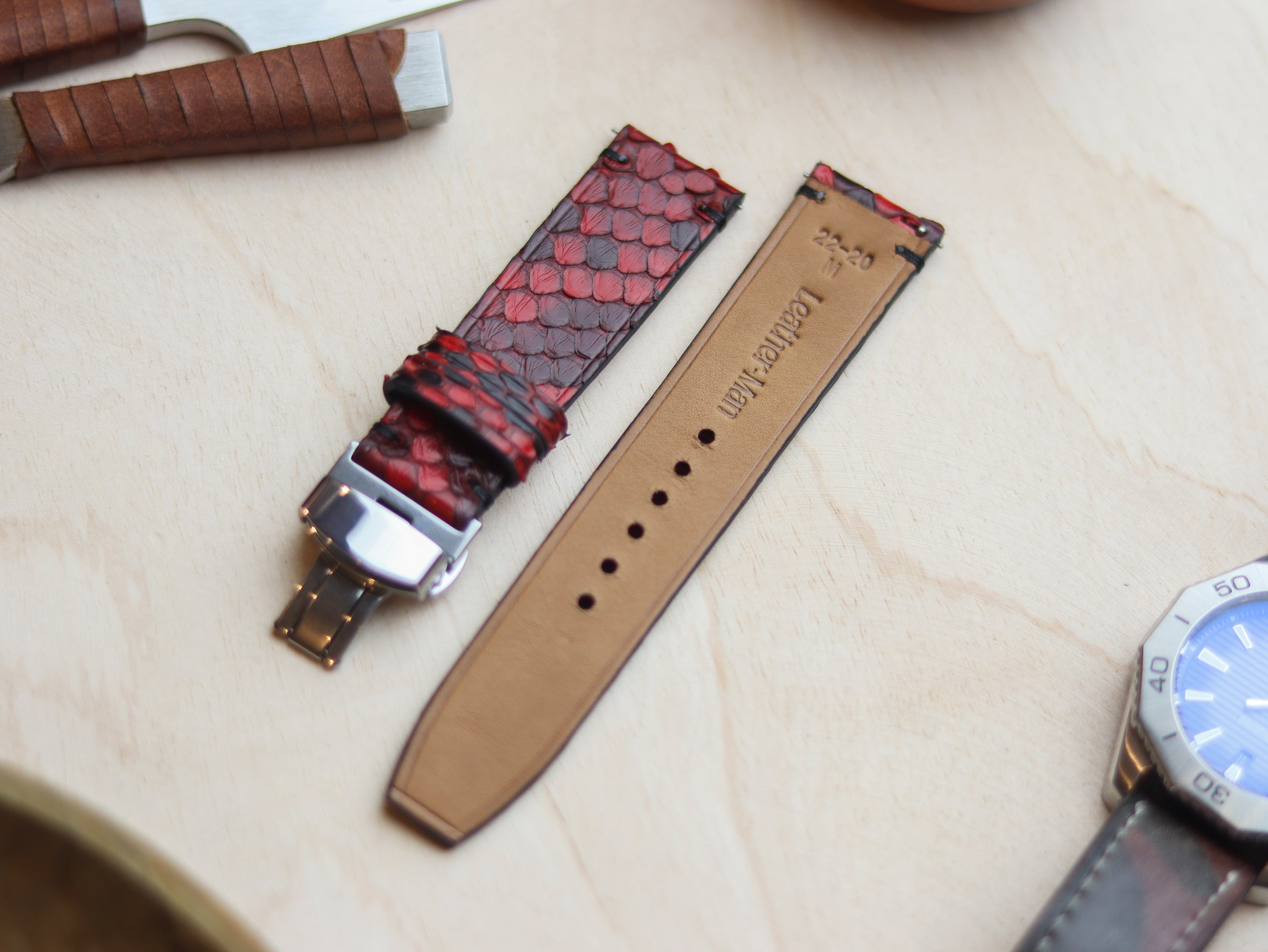 PYTHON SKIN WATCH STRAPS WITH BUTTERFLY CLASP - VENETIAN RED
