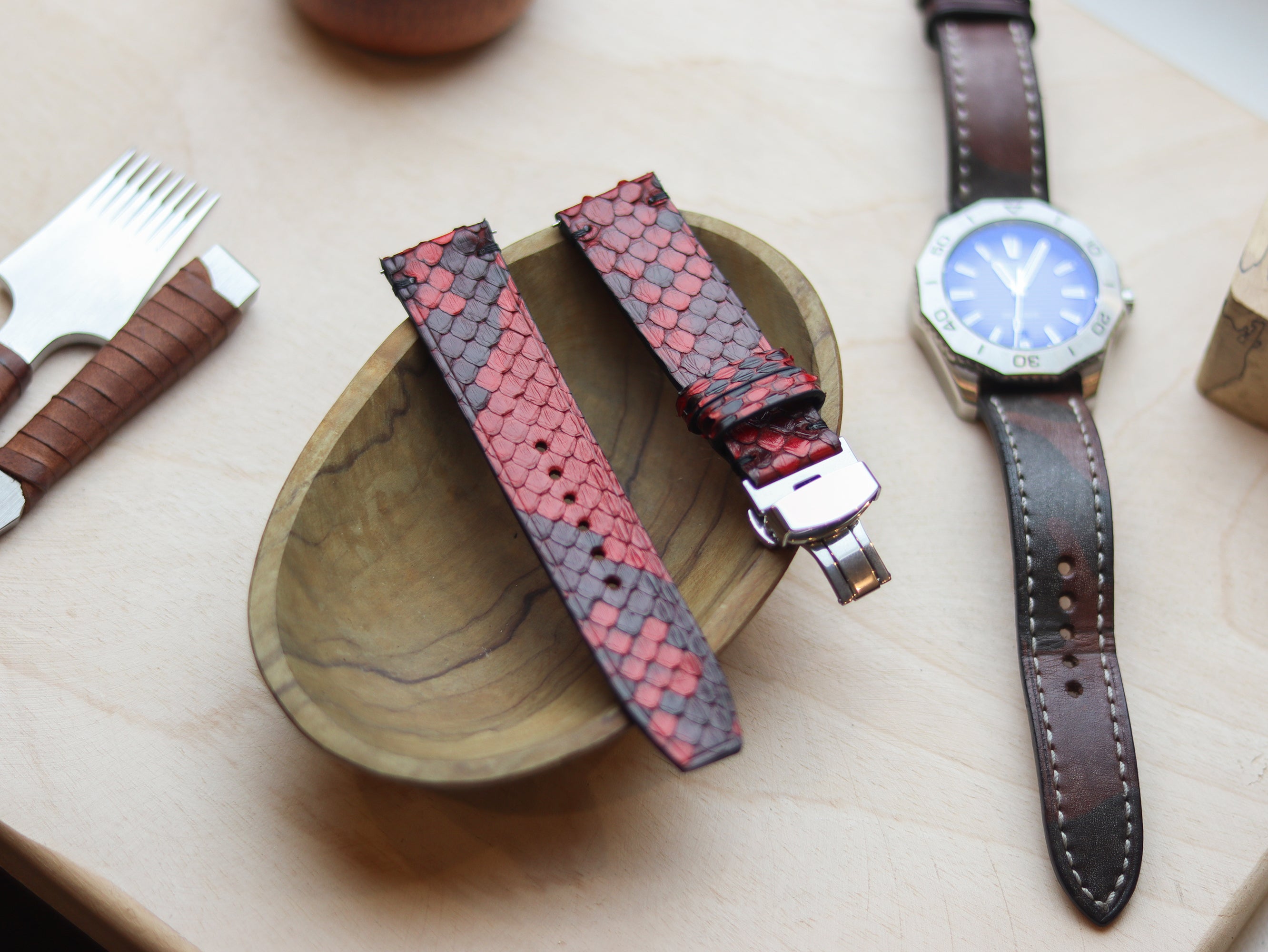 PYTHON SKIN WATCH STRAPS WITH BUTTERFLY CLASP - VENETIAN RED