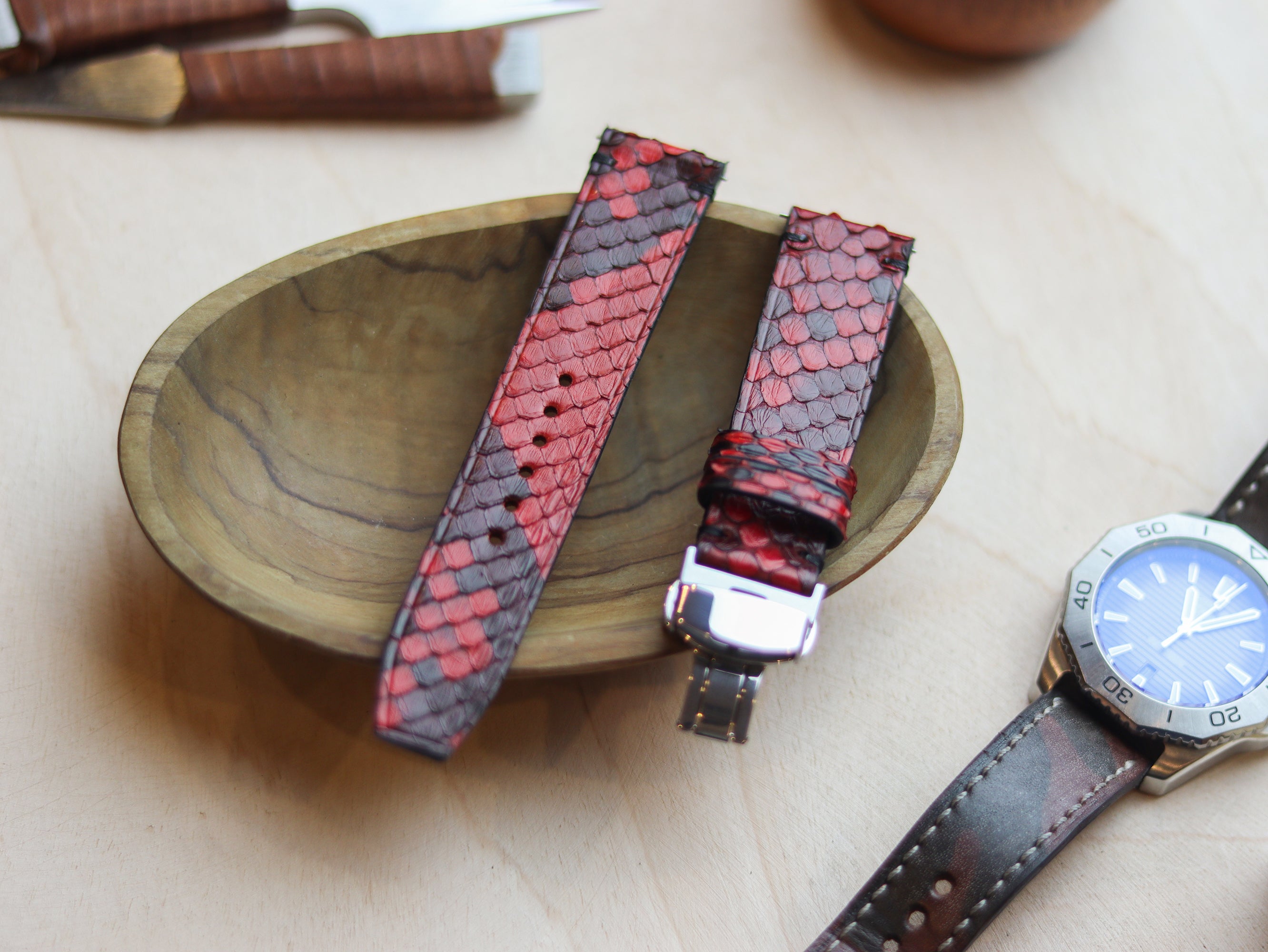 PYTHON SKIN WATCH STRAPS WITH BUTTERFLY CLASP - VENETIAN RED