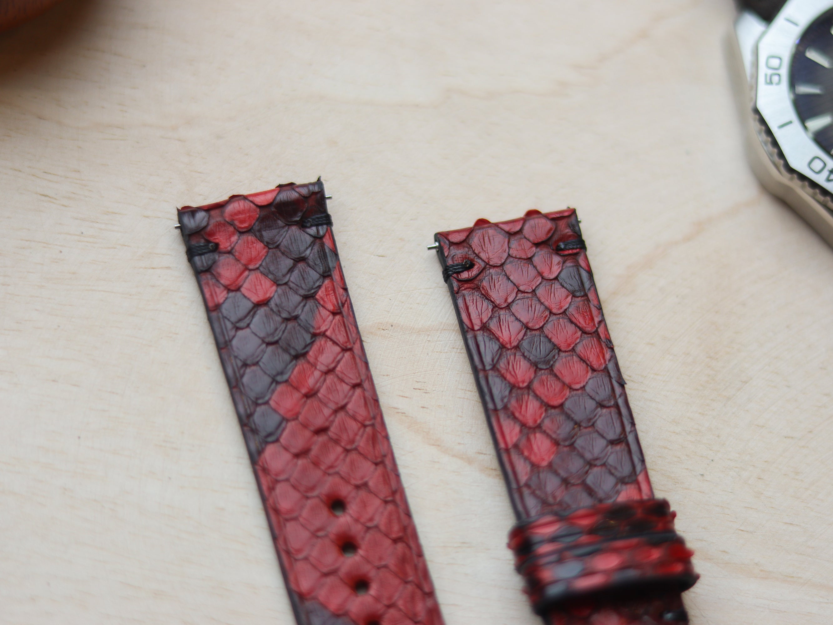 PYTHON SKIN WATCH STRAPS WITH BUTTERFLY CLASP - VENETIAN RED
