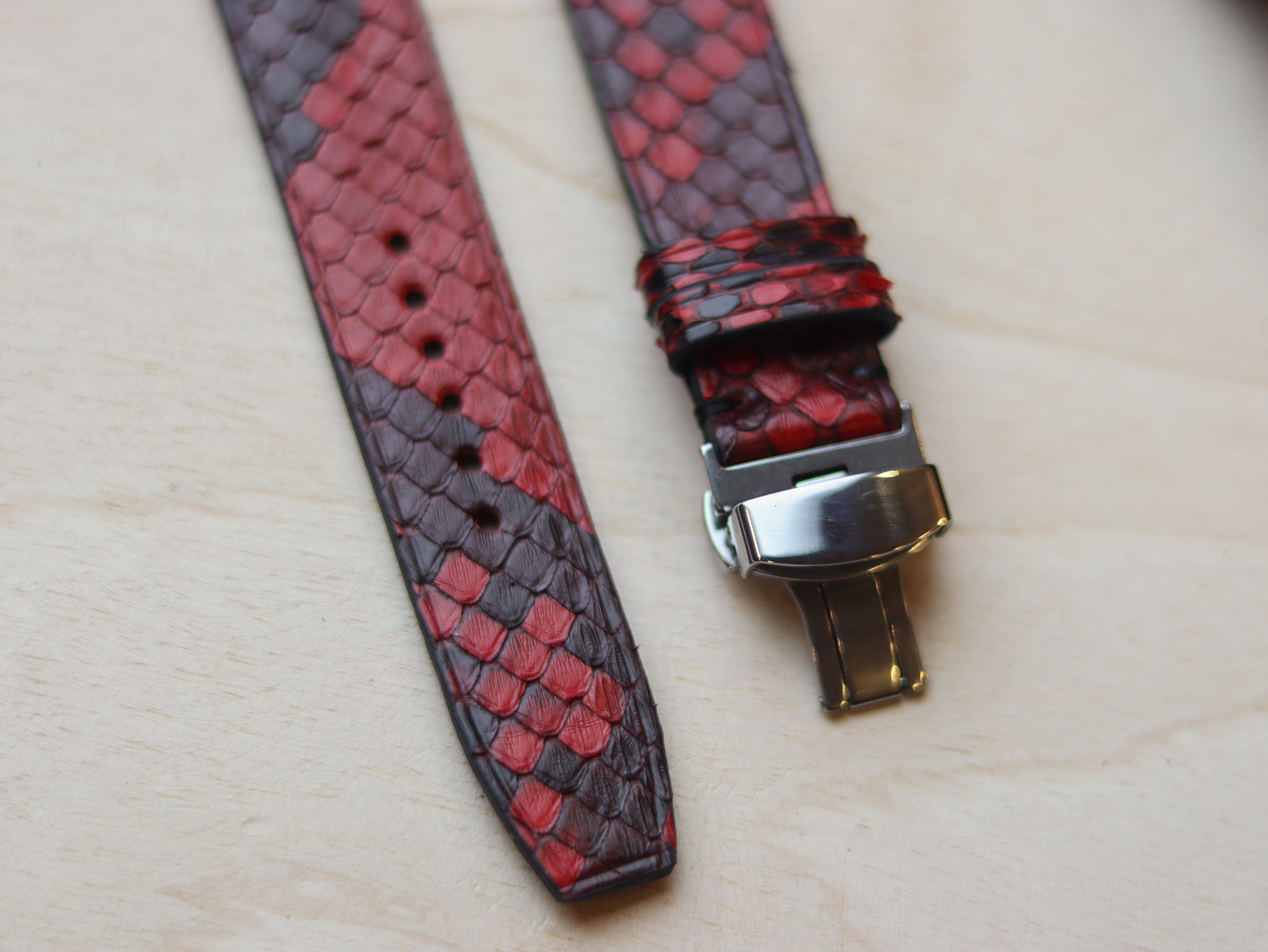 PYTHON SKIN WATCH STRAPS WITH BUTTERFLY CLASP - VENETIAN RED