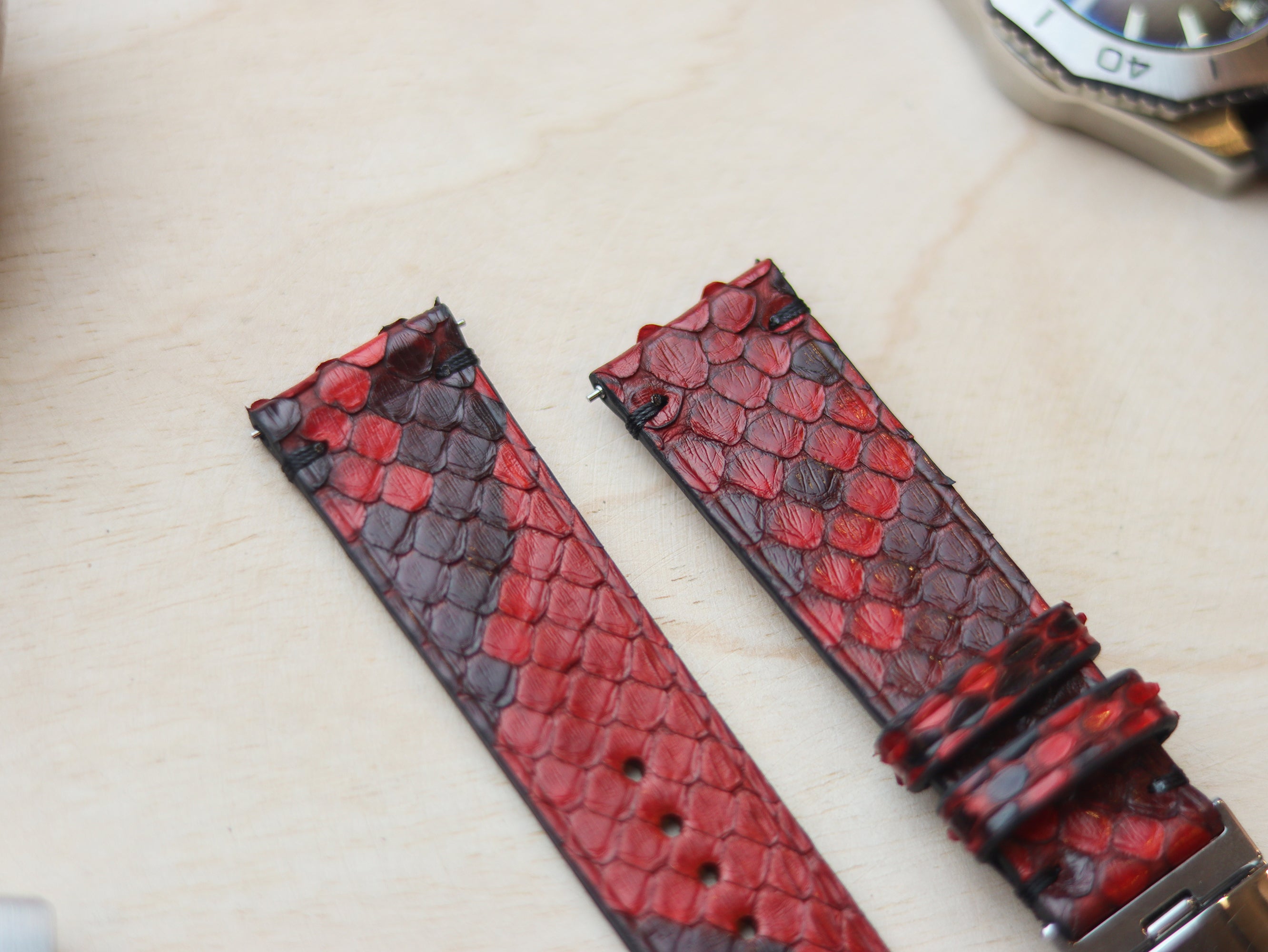 PYTHON SKIN WATCH STRAPS WITH BUTTERFLY CLASP - VENETIAN RED