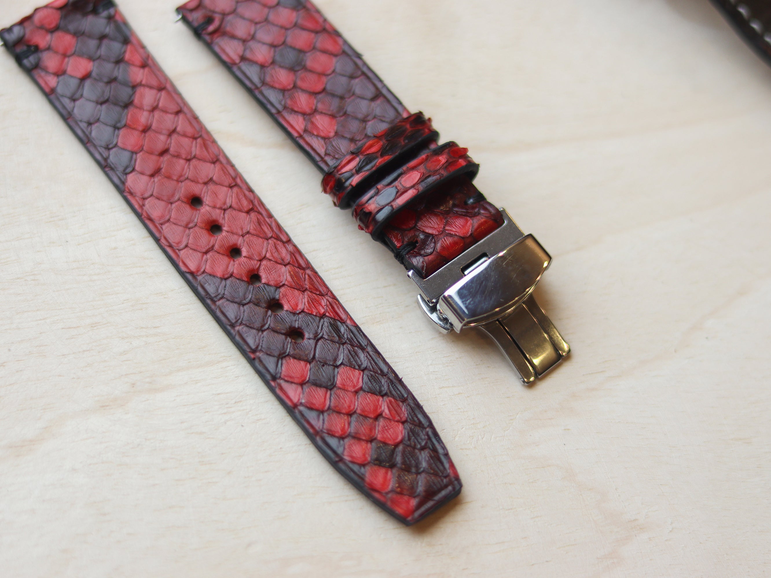 PYTHON SKIN WATCH STRAPS WITH BUTTERFLY CLASP - VENETIAN RED