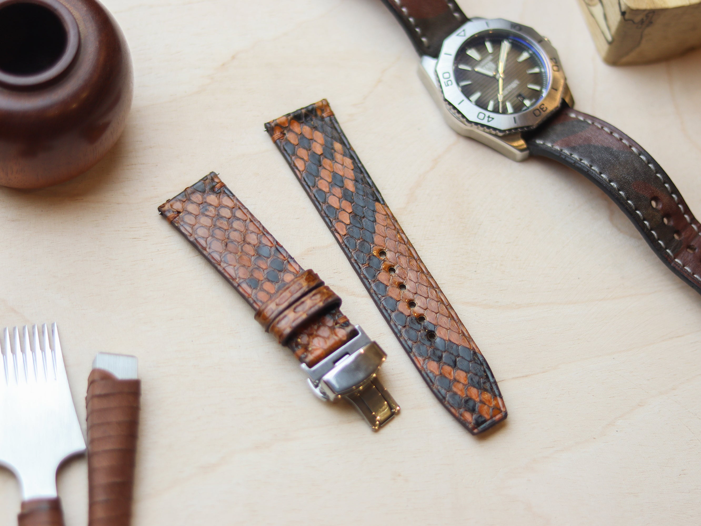 PYTHON SKIN WATCH STRAPS WITH BUTTERFLY CLASP - COPPER BROWN