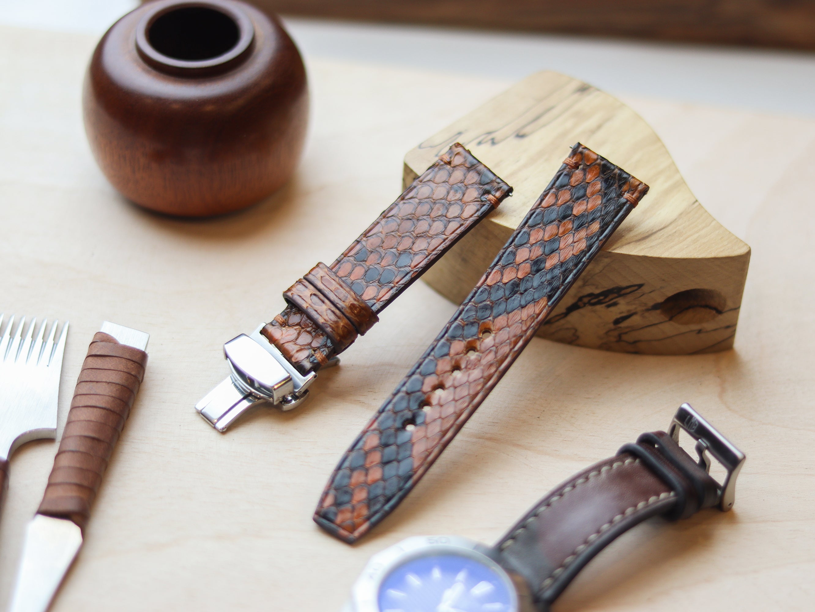 PYTHON SKIN WATCH STRAPS WITH BUTTERFLY CLASP - COPPER BROWN