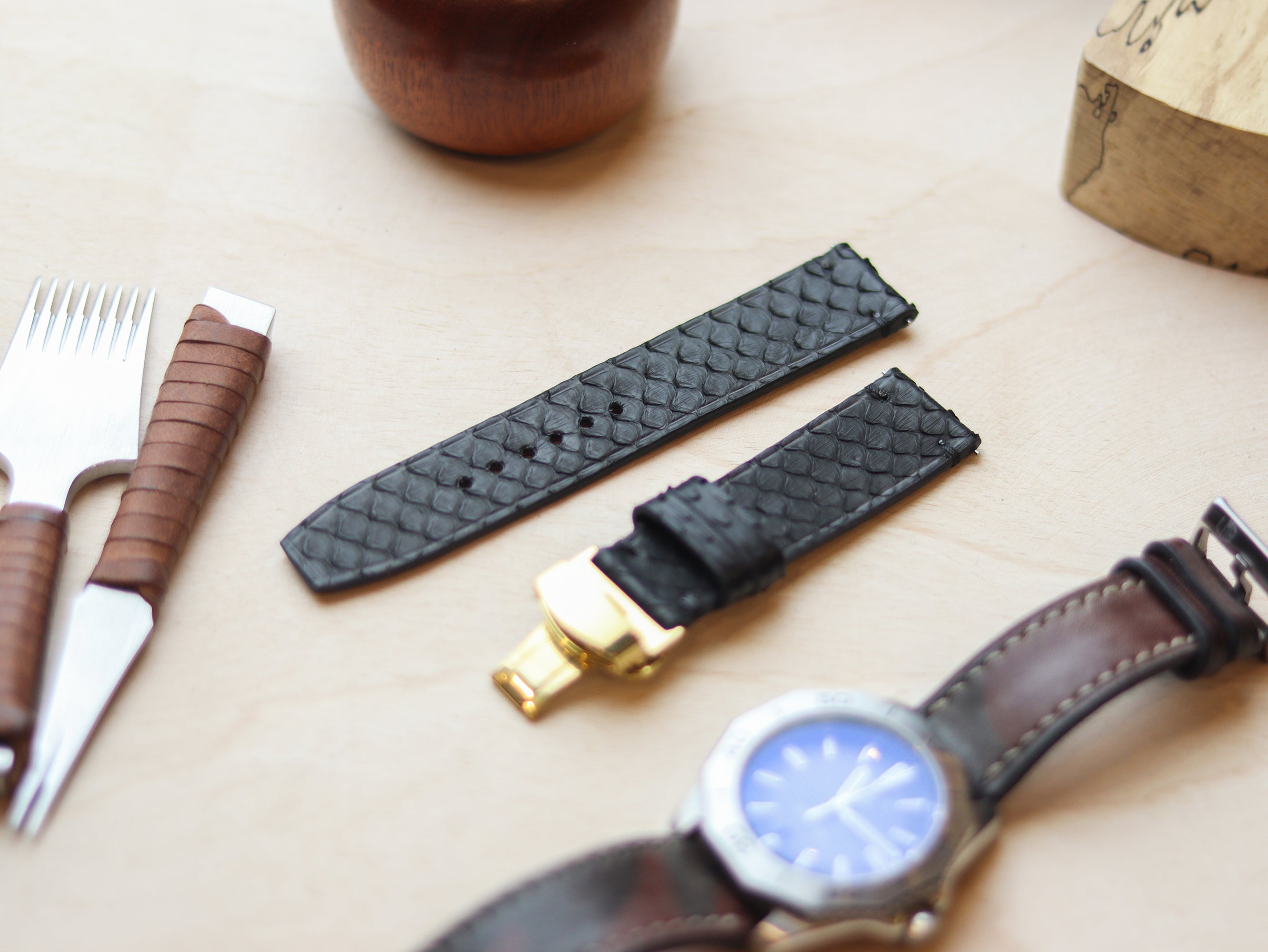 PYTHON SKIN WATCH STRAPS WITH BUTTERFLY CLASP - RAVEN BLACK