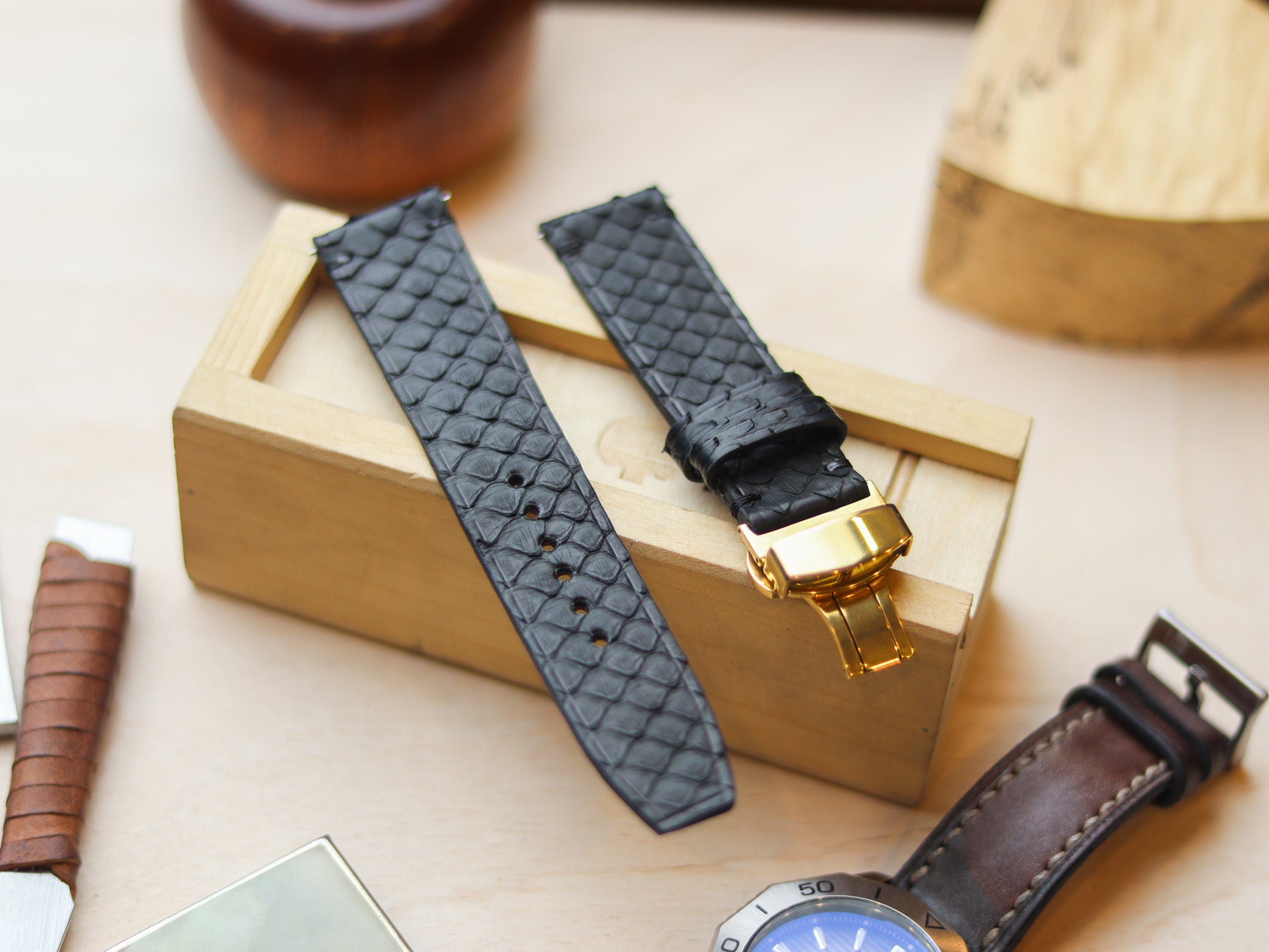 PYTHON SKIN WATCH STRAPS WITH BUTTERFLY CLASP - RAVEN BLACK