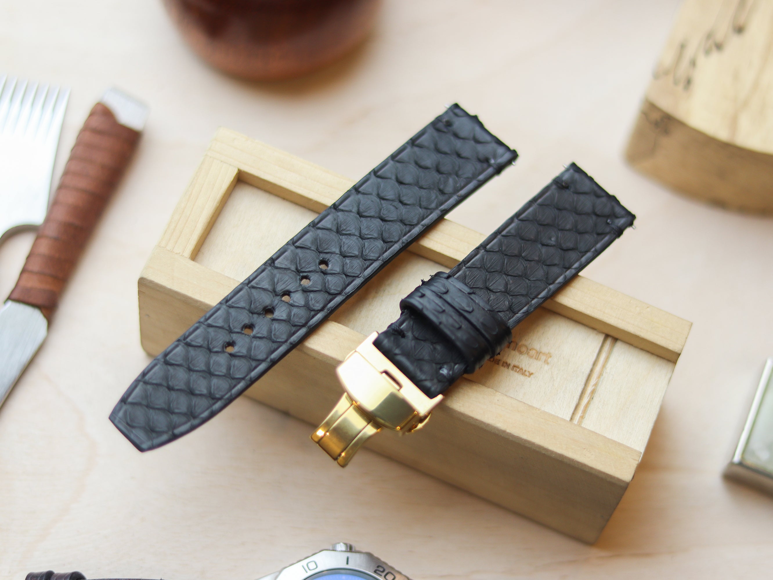 PYTHON SKIN WATCH STRAPS WITH BUTTERFLY CLASP - RAVEN BLACK