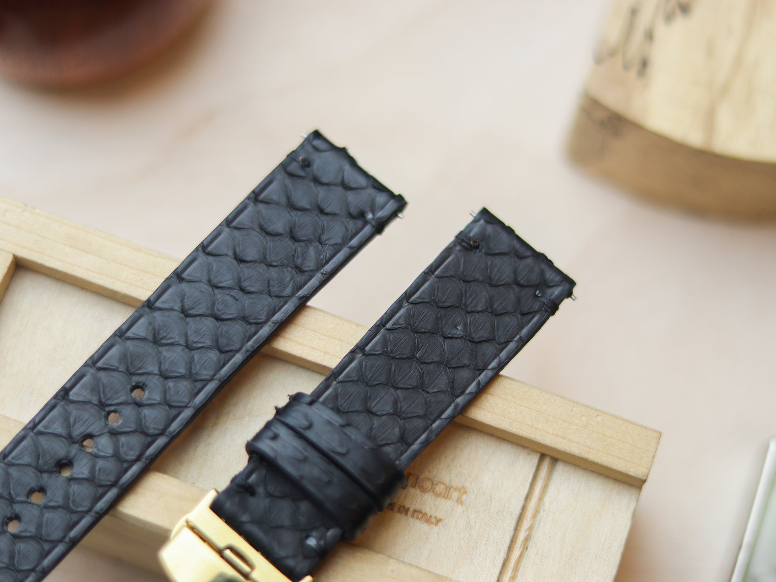 PYTHON SKIN WATCH STRAPS WITH BUTTERFLY CLASP - RAVEN BLACK