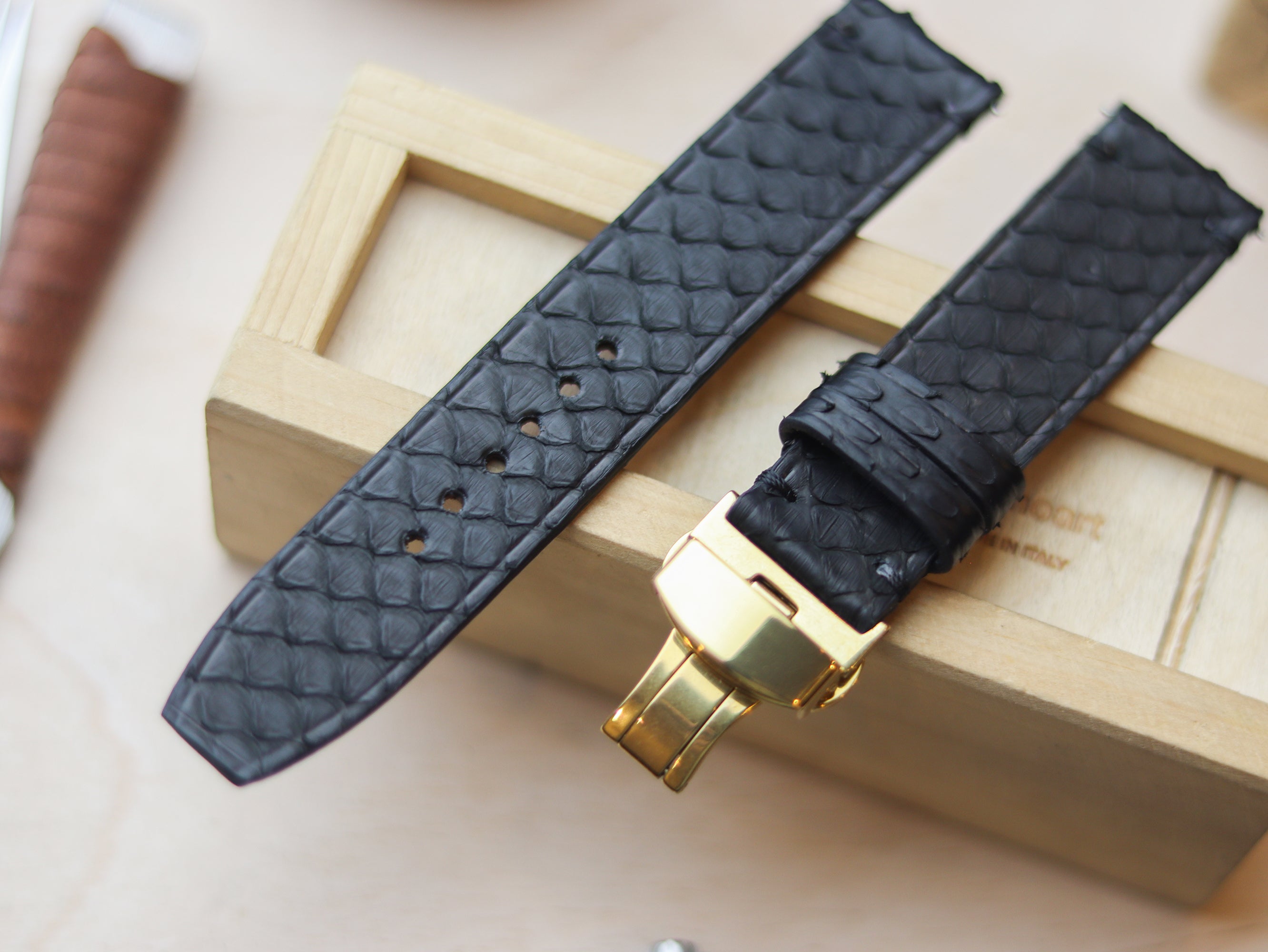 PYTHON SKIN WATCH STRAPS WITH BUTTERFLY CLASP - RAVEN BLACK