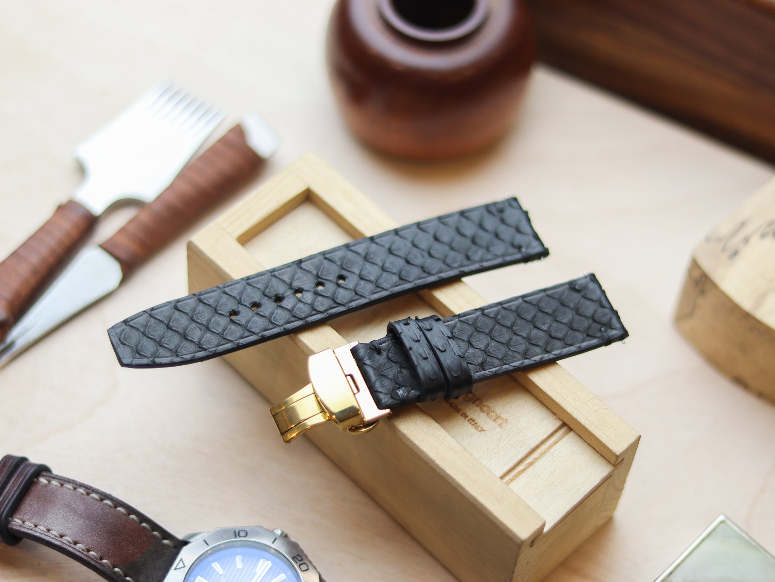 PYTHON SKIN WATCH STRAPS WITH BUTTERFLY CLASP - RAVEN BLACK