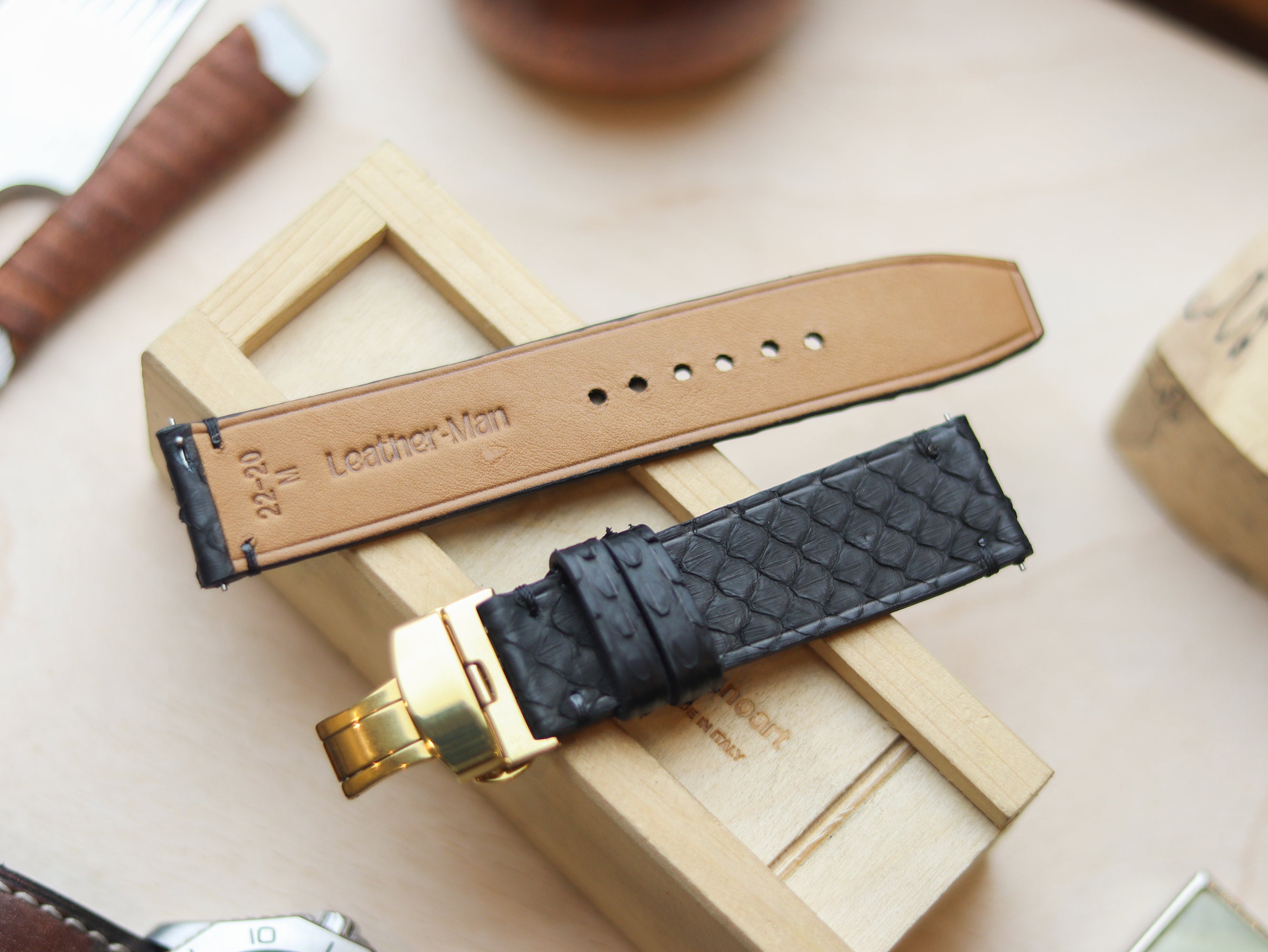 PYTHON SKIN WATCH STRAPS WITH BUTTERFLY CLASP - RAVEN BLACK