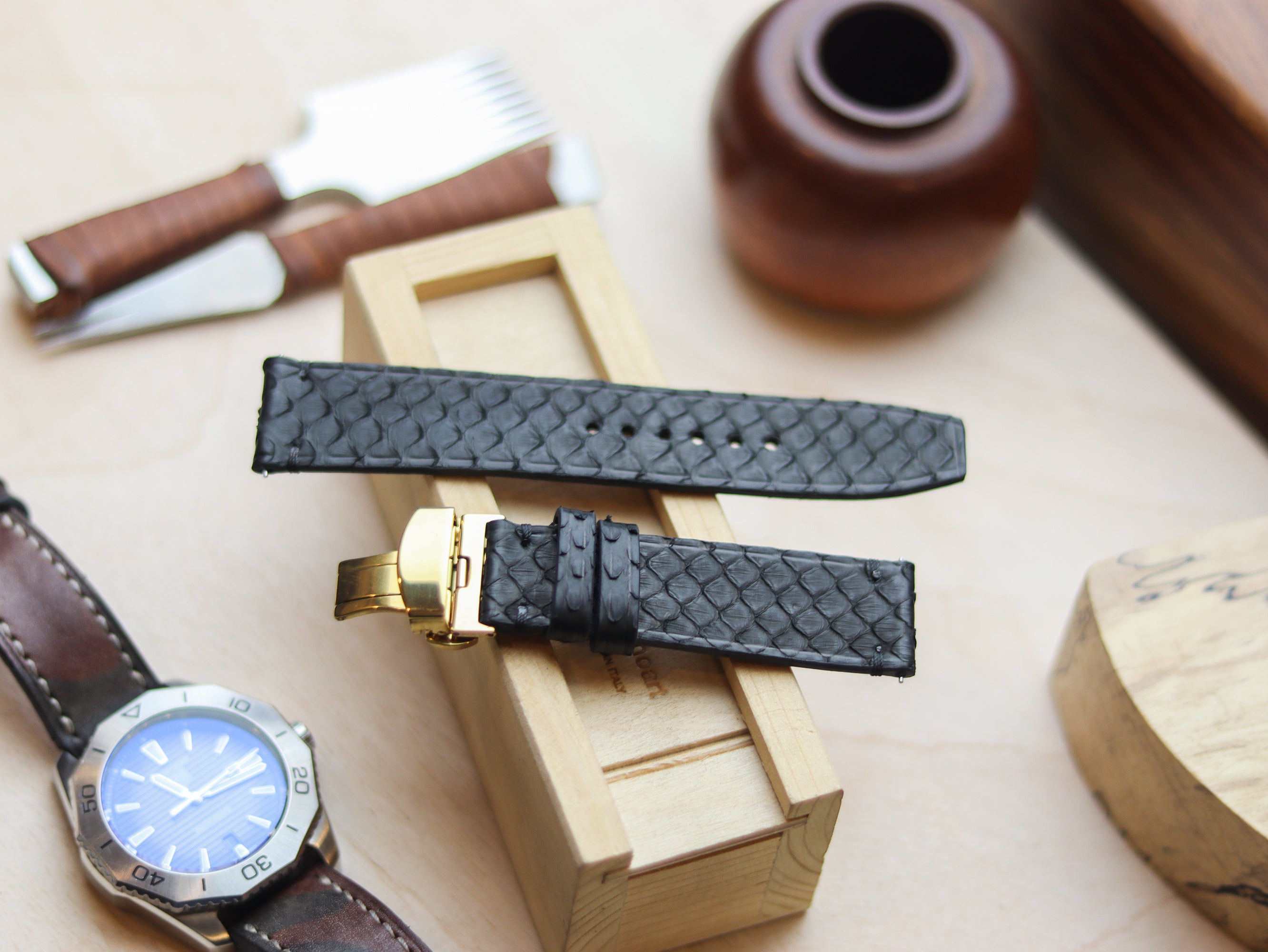PYTHON SKIN WATCH STRAPS WITH BUTTERFLY CLASP - RAVEN BLACK