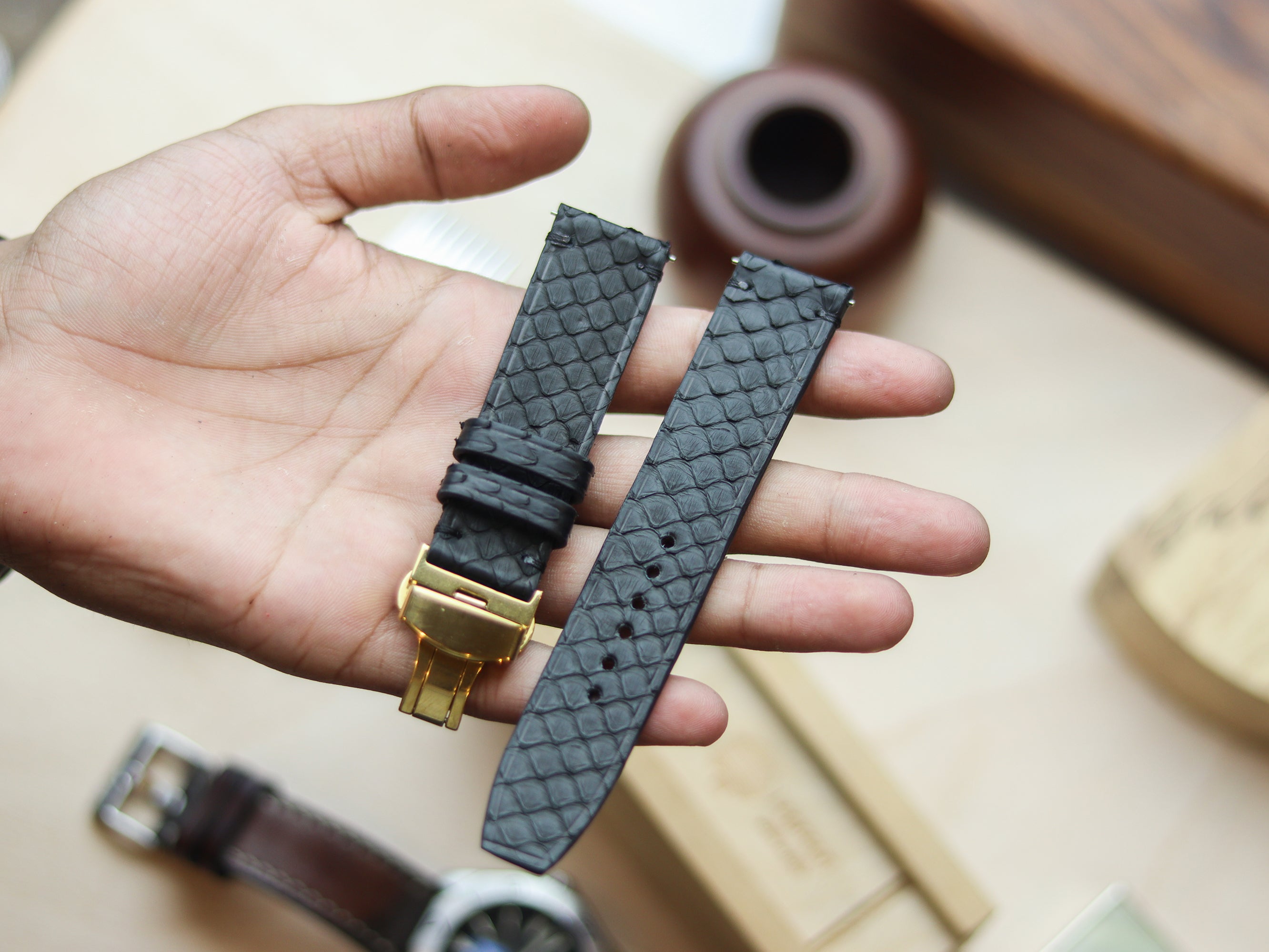 PYTHON SKIN WATCH STRAPS WITH BUTTERFLY CLASP - RAVEN BLACK