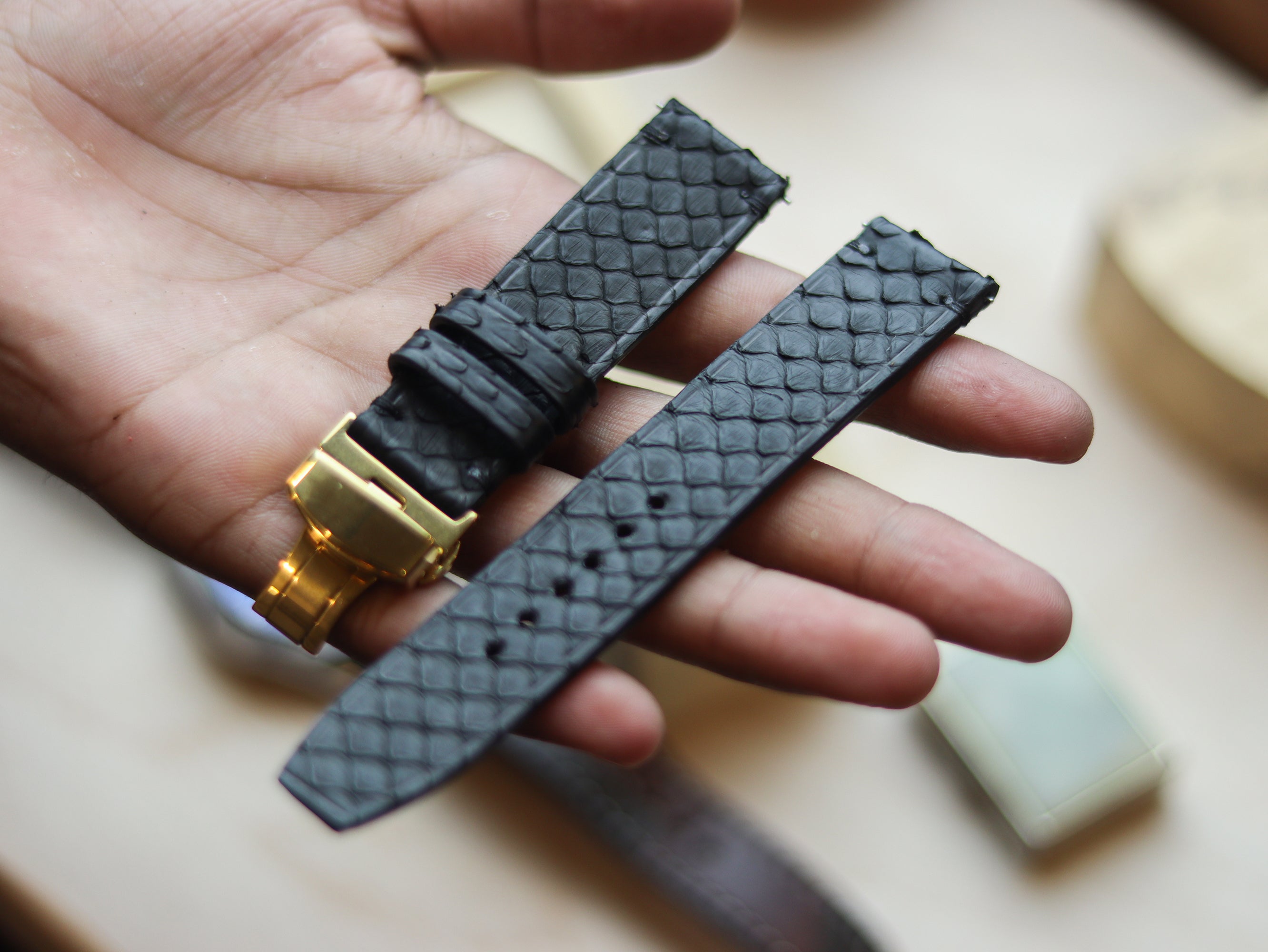 PYTHON SKIN WATCH STRAPS WITH BUTTERFLY CLASP - RAVEN BLACK